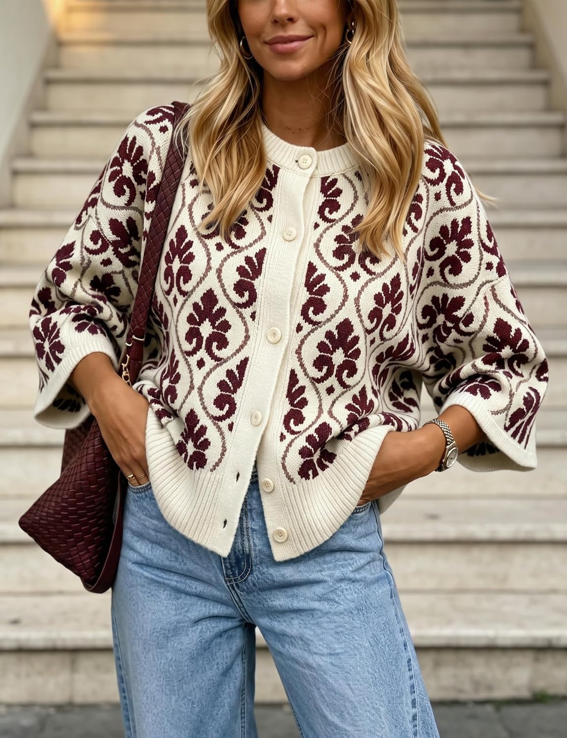 image:imageSpringrain Women Floral Knit Cardigan Short Sleeve Button Front SweaterBurgundy