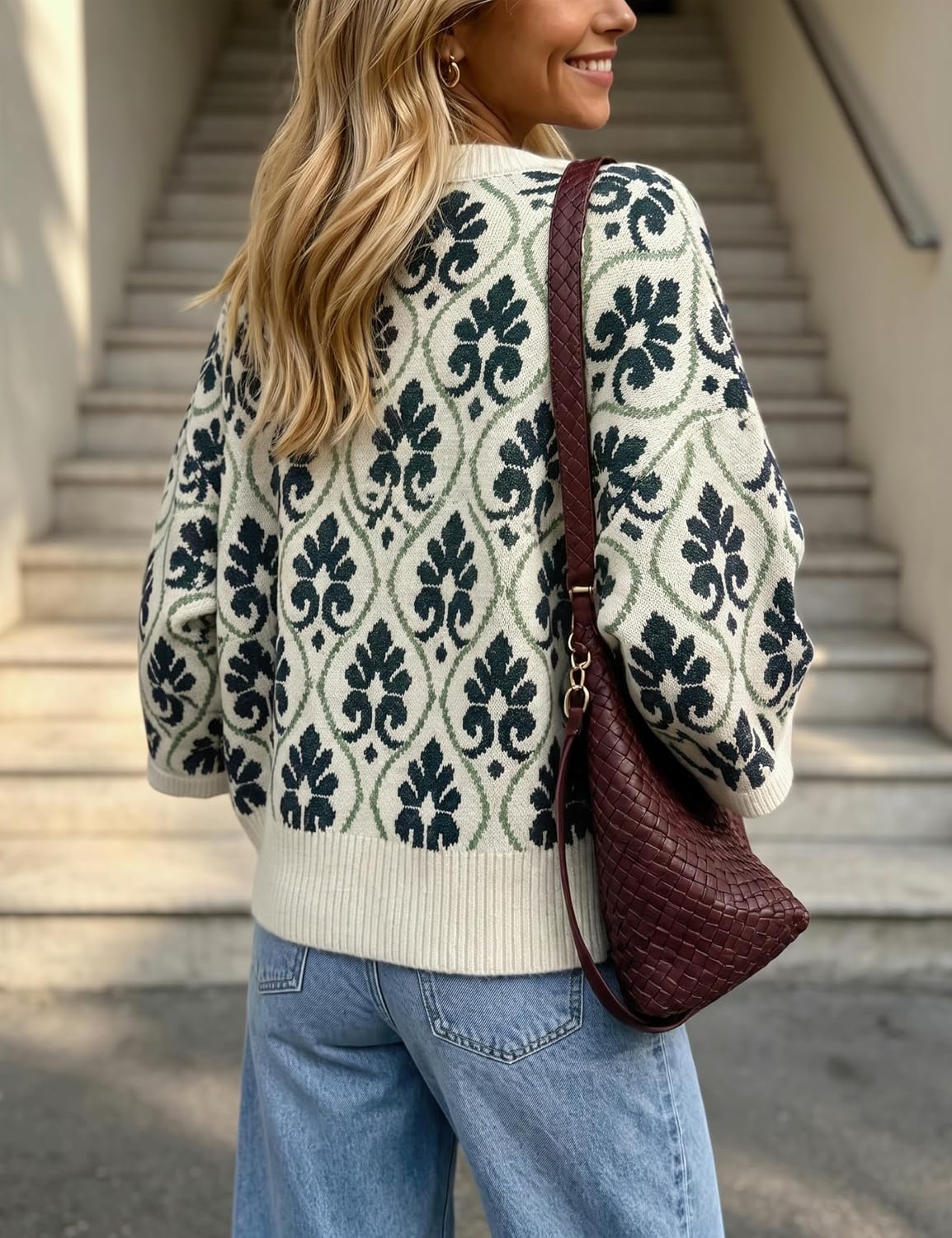 image:imageSpringrain Women Floral Knit Cardigan Short Sleeve Button Front SweaterGreen