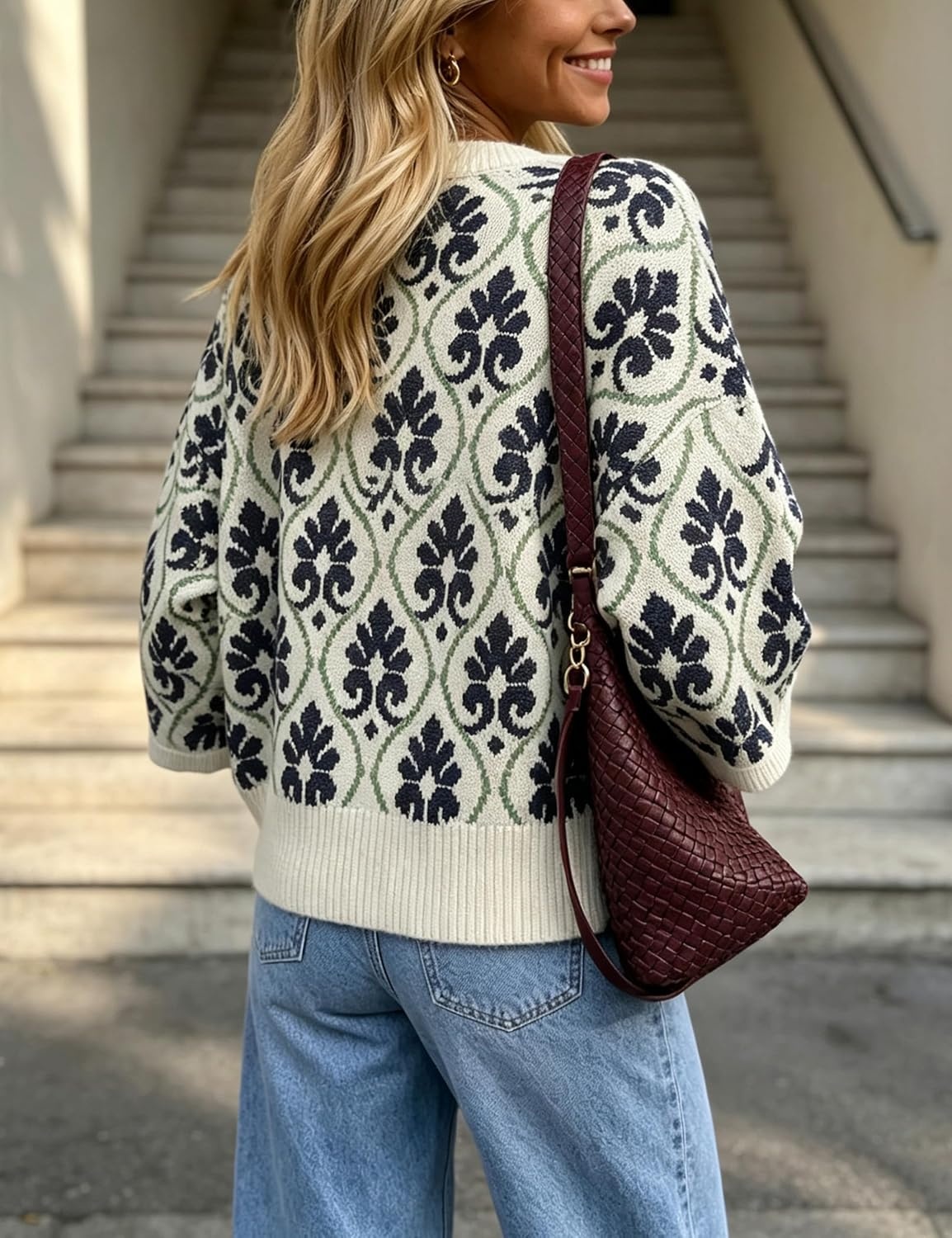 image:imageSpringrain Women Floral Knit Cardigan Short Sleeve Button Front SweaterNavy