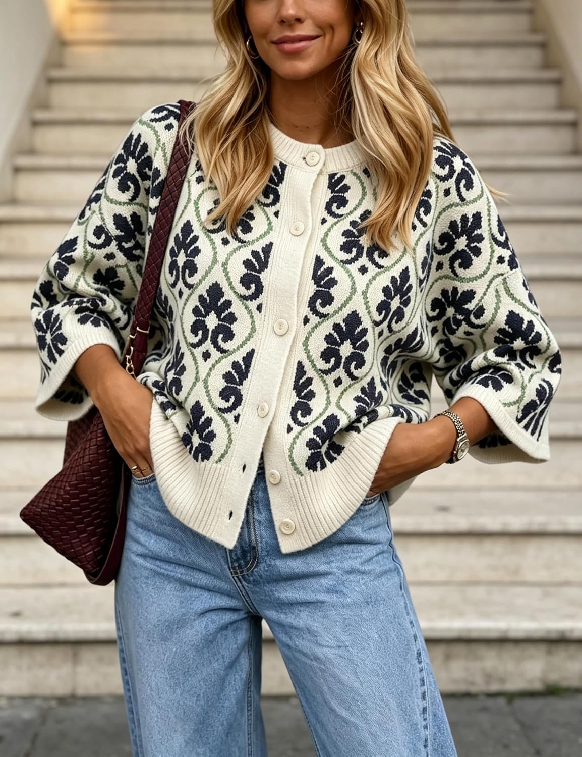 image:imageSpringrain Women Floral Knit Cardigan Short Sleeve Button Front SweaterNavy