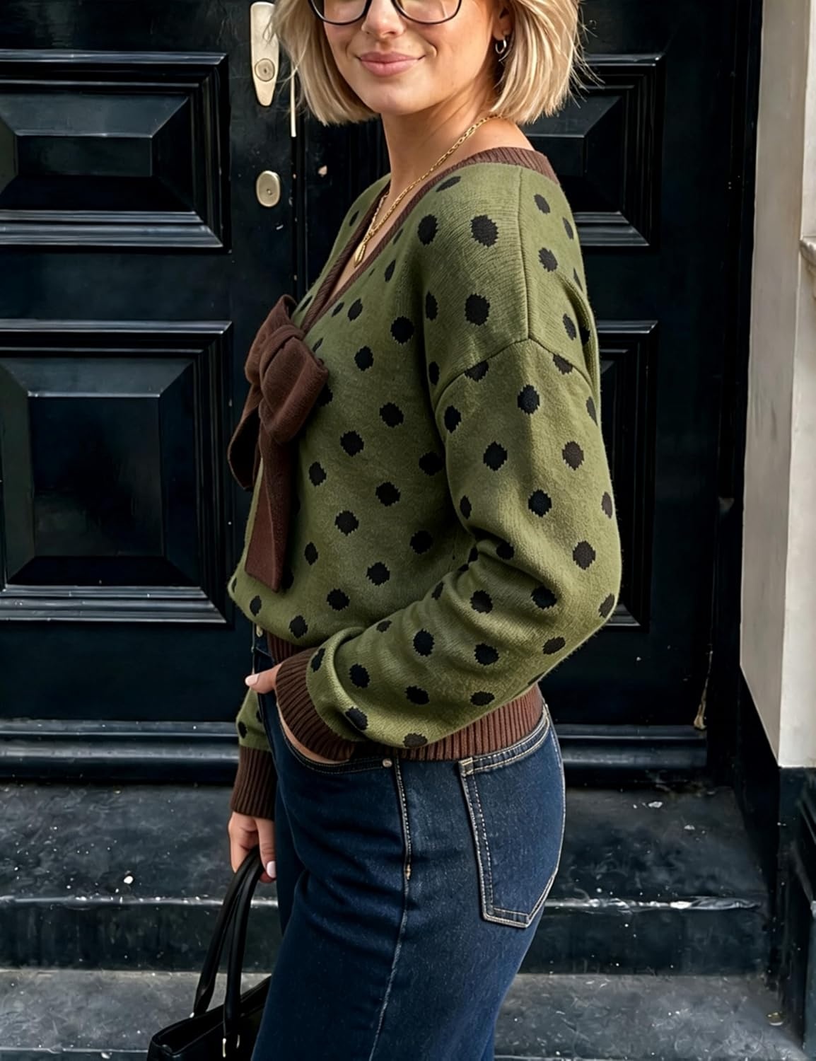 image:imageSpringrain Womens Bow Polka Dot Sweaters Pullover Knit Tops Fall ClothesArmygreen