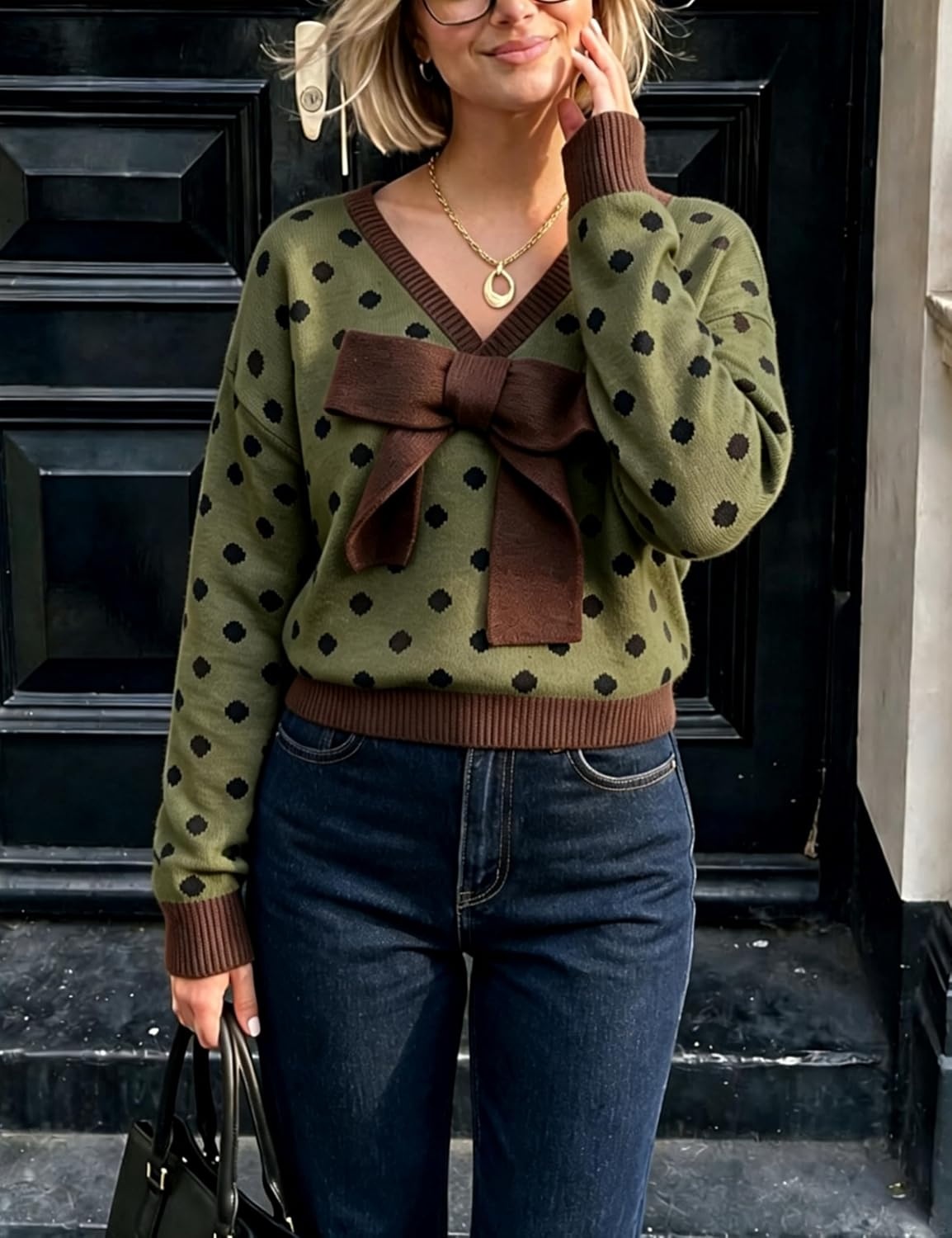 image:imageSpringrain Womens Bow Polka Dot Sweaters Pullover Knit Tops Fall ClothesArmygreen