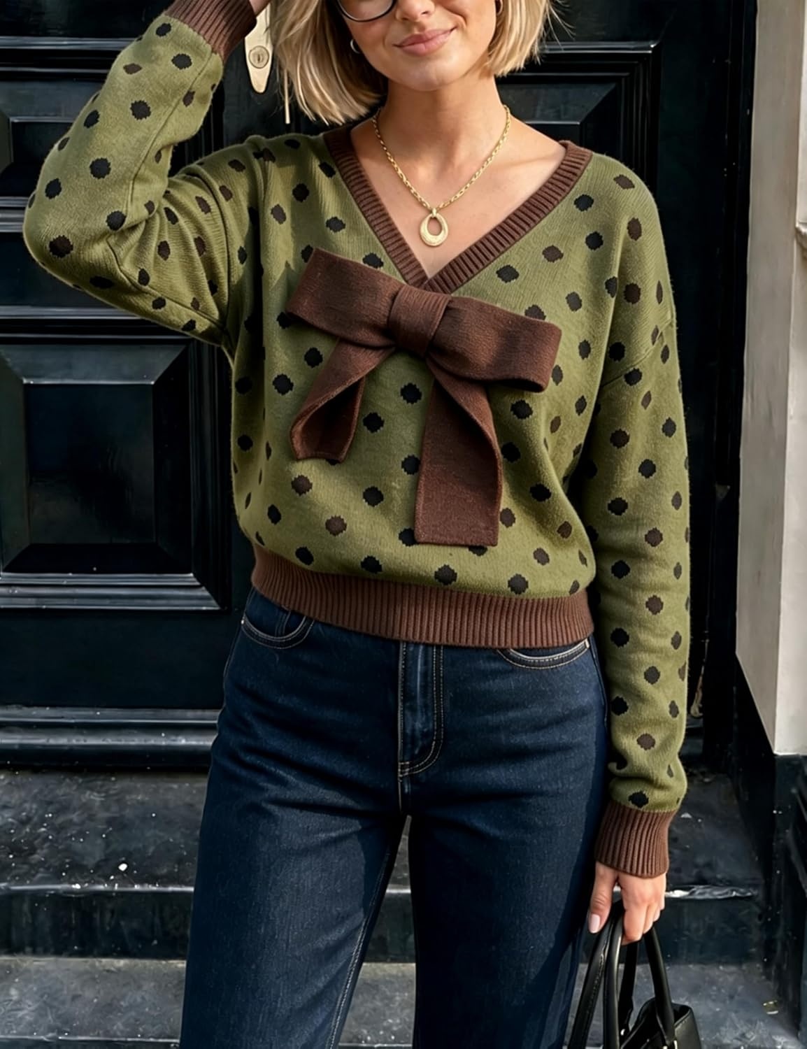 image:imageSpringrain Womens Bow Polka Dot Sweaters Pullover Knit Tops Fall ClothesArmygreen