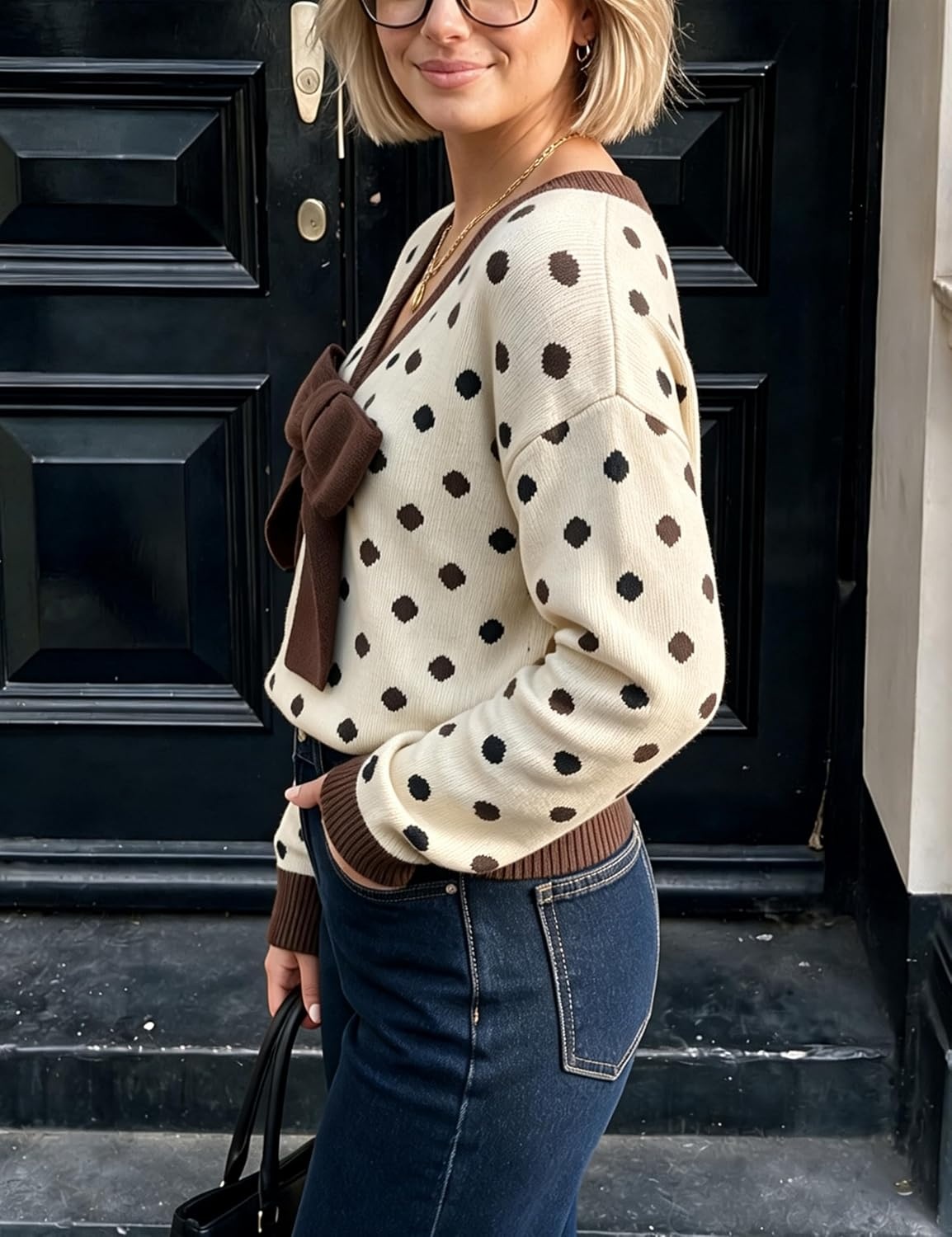 image:imageSpringrain Womens Bow Polka Dot Sweaters Pullover Knit Tops Fall ClothesBeige