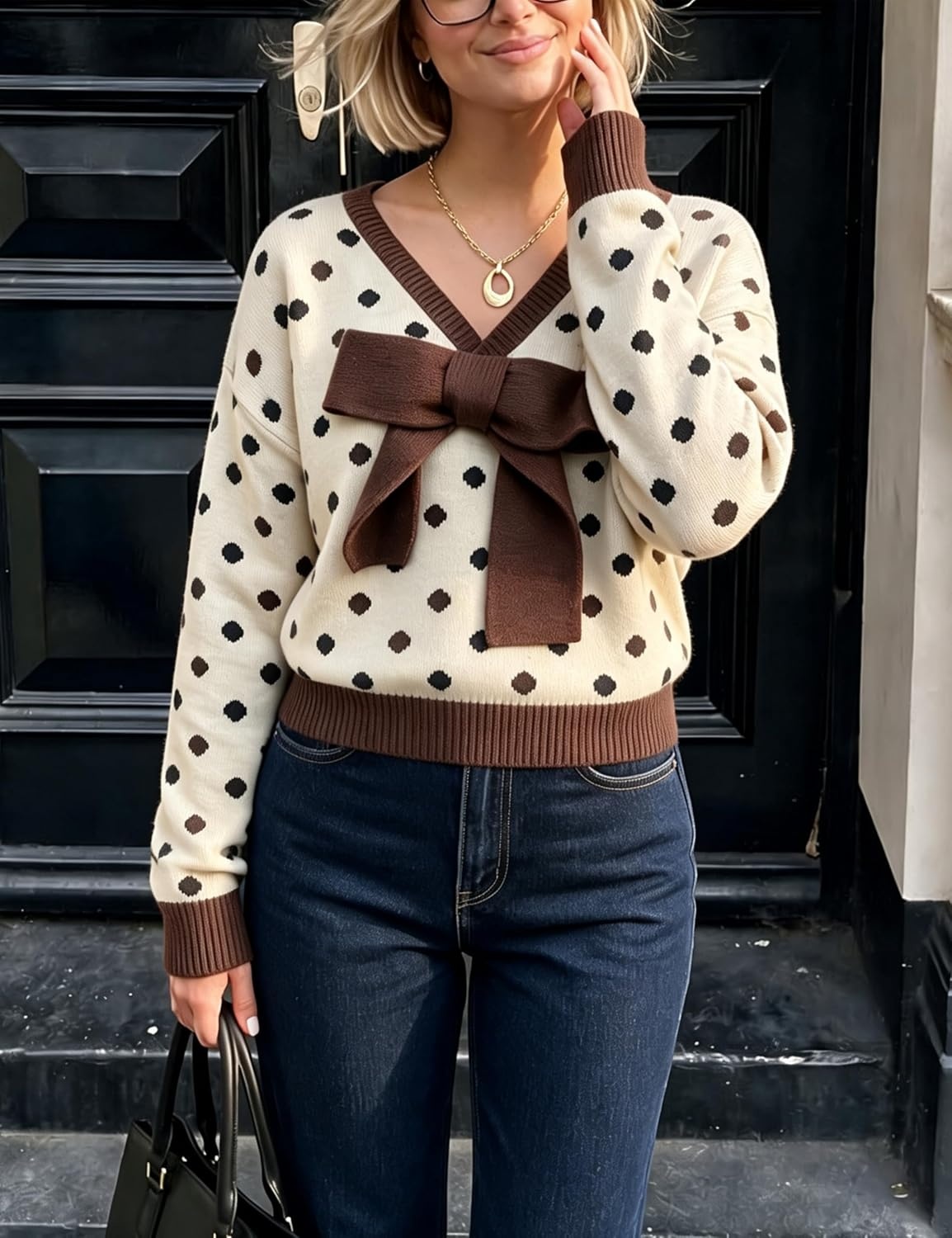 image:imageSpringrain Womens Bow Polka Dot Sweaters Pullover Knit Tops Fall ClothesBeige