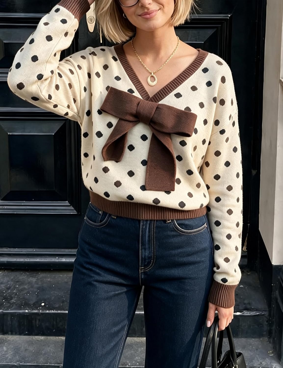image:imageSpringrain Womens Bow Polka Dot Sweaters Pullover Knit Tops Fall ClothesBeige