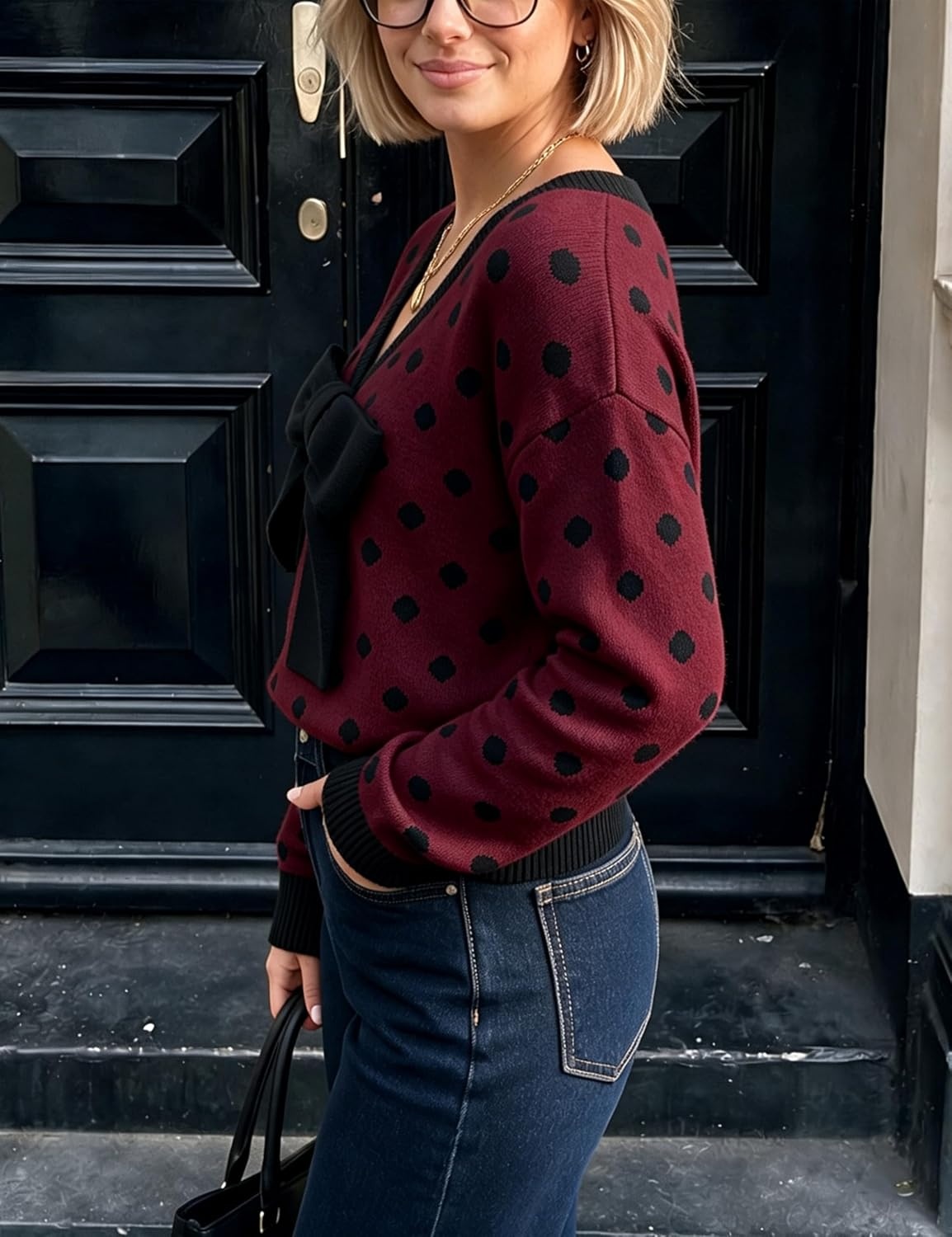 image:imageSpringrain Womens Bow Polka Dot Sweaters Pullover Knit Tops Fall ClothesBurgundy