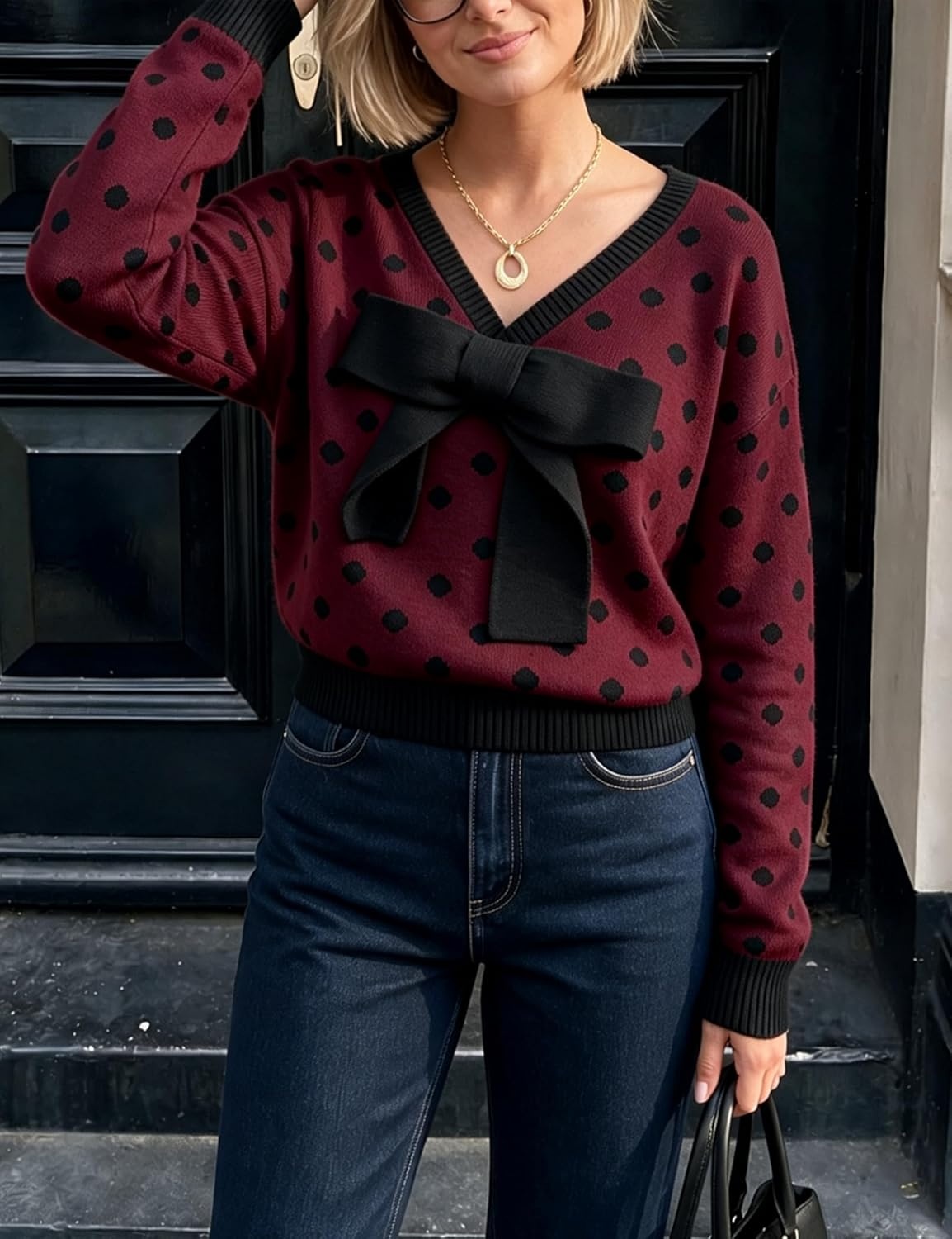 image:imageSpringrain Womens Bow Polka Dot Sweaters Pullover Knit Tops Fall ClothesBurgundy