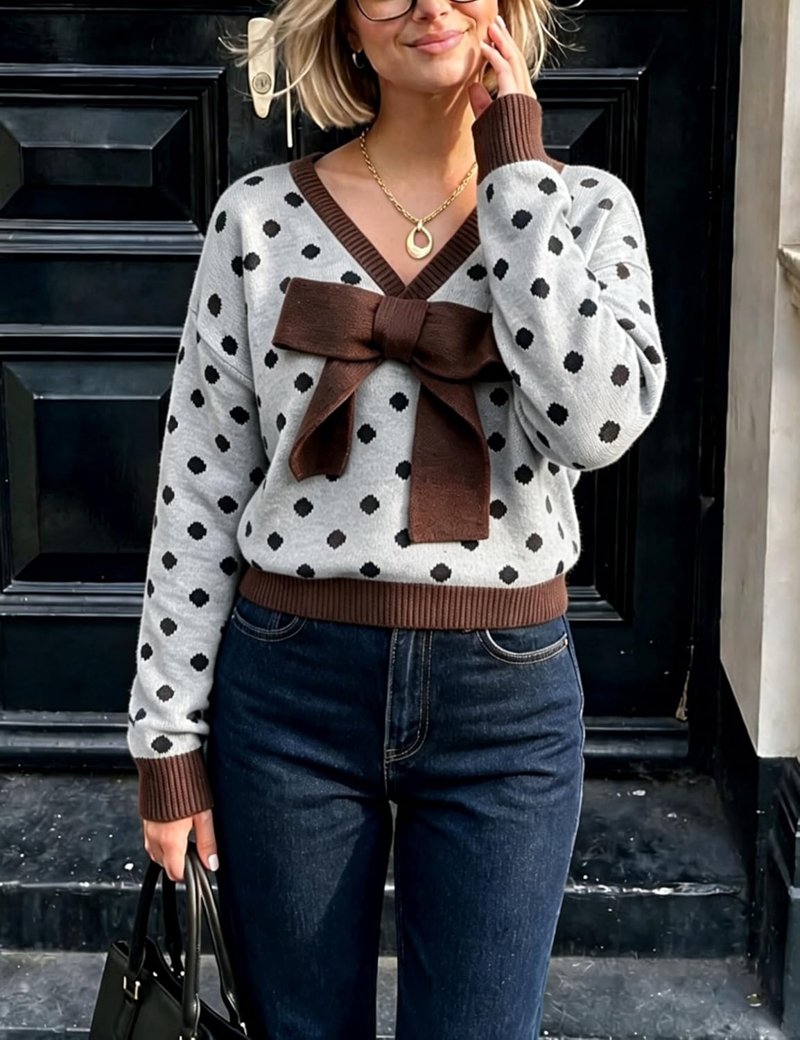 image:imageSpringrain Womens Bow Polka Dot Sweaters Pullover Knit Tops Fall ClothesGrey