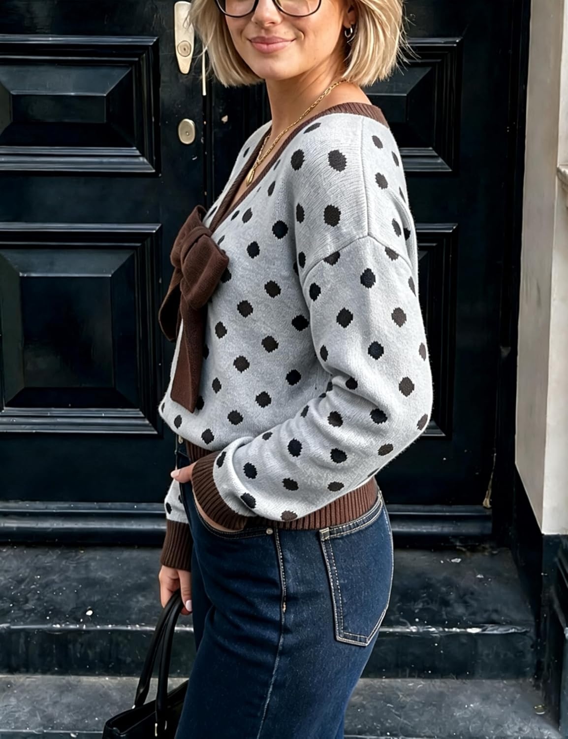 image:imageSpringrain Womens Bow Polka Dot Sweaters Pullover Knit Tops Fall ClothesGrey