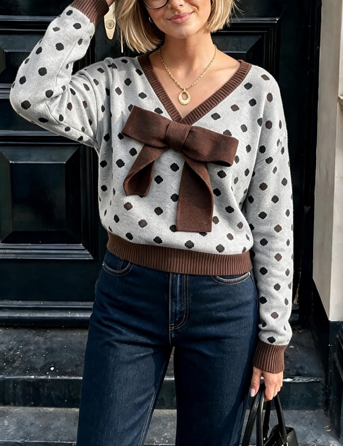 image:imageSpringrain Womens Bow Polka Dot Sweaters Pullover Knit Tops Fall ClothesGrey