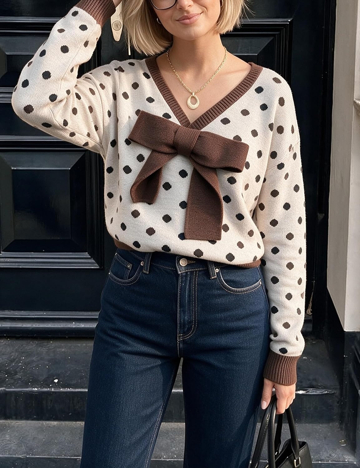 image:imageSpringrain Womens Bow Polka Dot Sweaters Pullover Knit Tops Fall ClothesHeathergrey