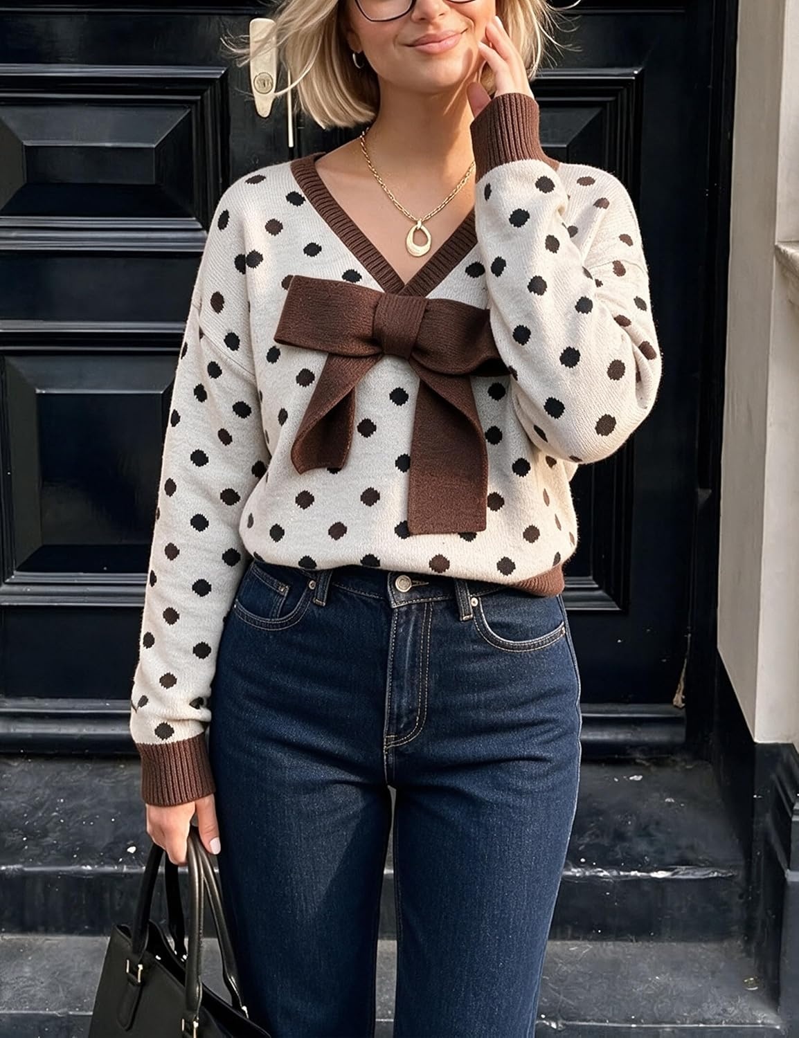 image:imageSpringrain Womens Bow Polka Dot Sweaters Pullover Knit Tops Fall ClothesHeathergrey