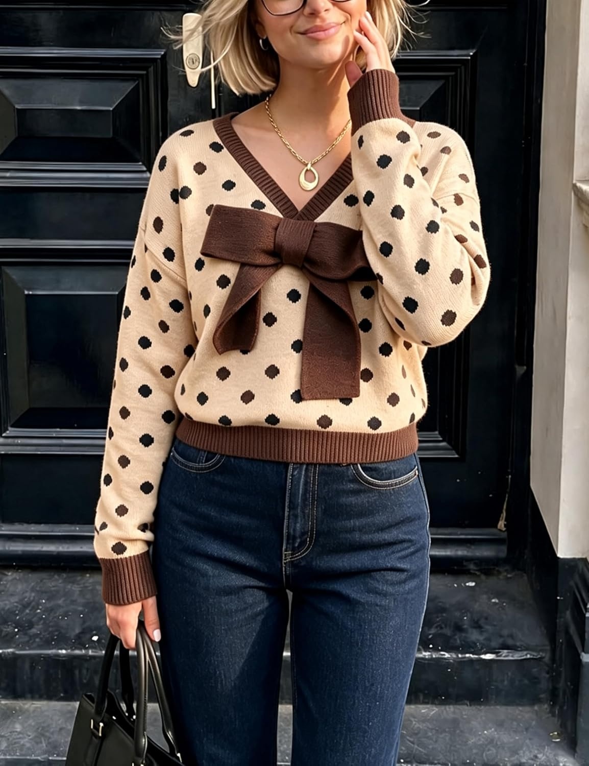 image:imageSpringrain Womens Bow Polka Dot Sweaters Pullover Knit Tops Fall ClothesKhaki