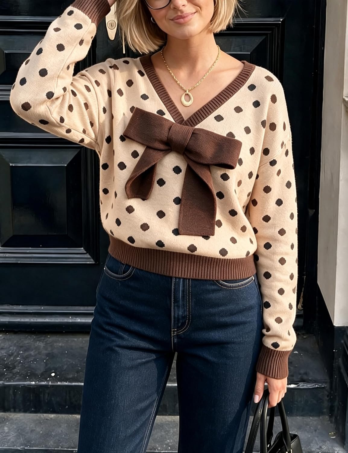 image:imageSpringrain Womens Bow Polka Dot Sweaters Pullover Knit Tops Fall ClothesKhaki