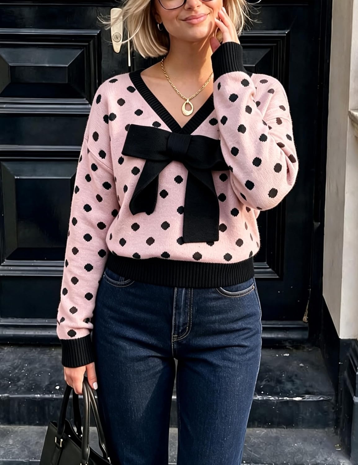 image:imageSpringrain Womens Bow Polka Dot Sweaters Pullover Knit Tops Fall ClothesPink