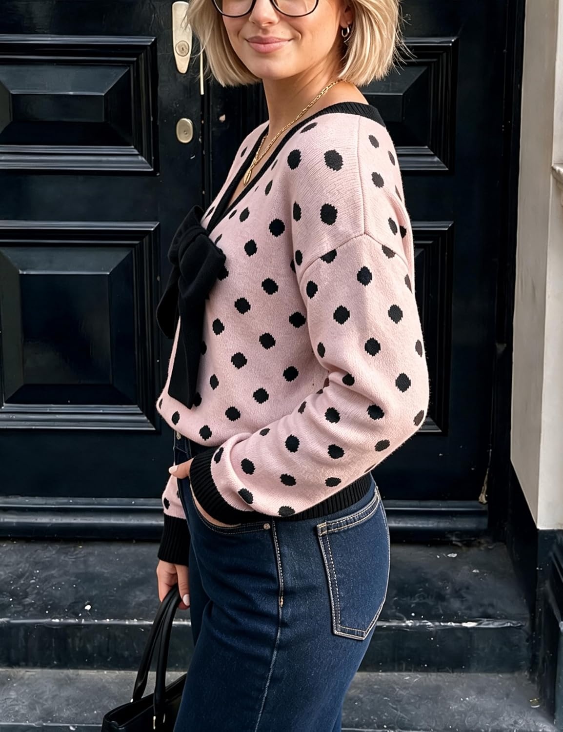 image:imageSpringrain Womens Bow Polka Dot Sweaters Pullover Knit Tops Fall ClothesPink