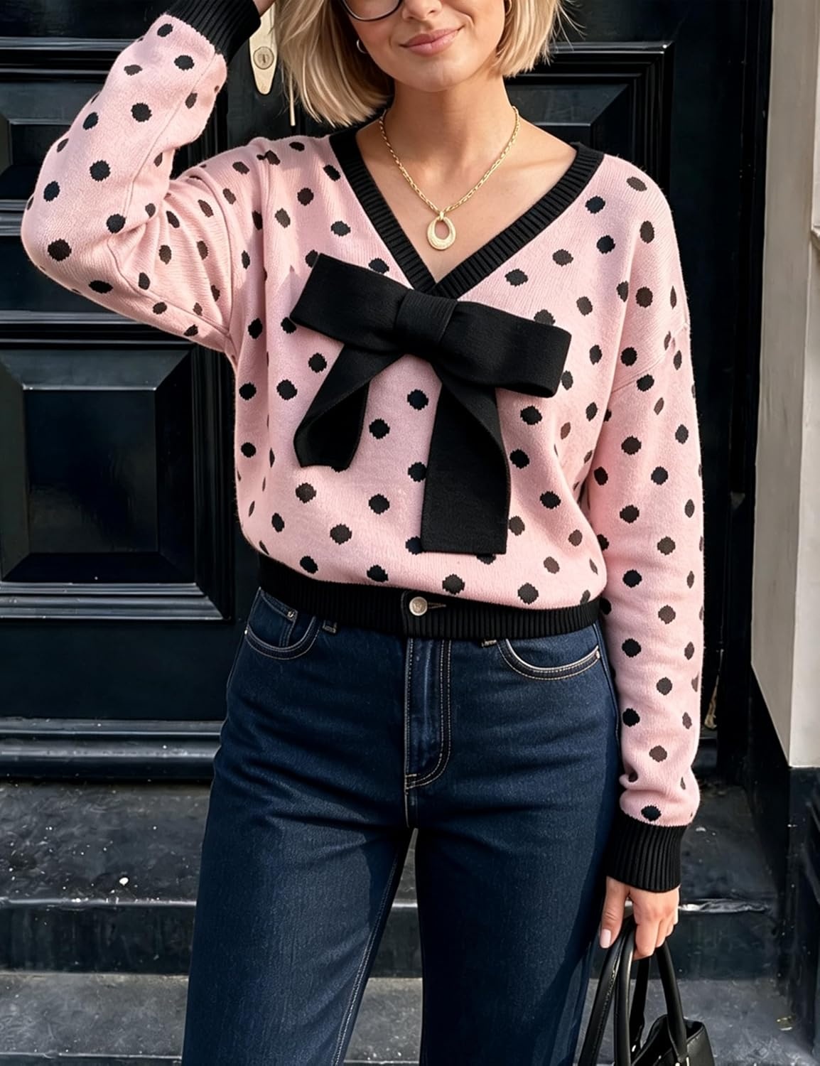 image:imageSpringrain Womens Bow Polka Dot Sweaters Pullover Knit Tops Fall ClothesPink
