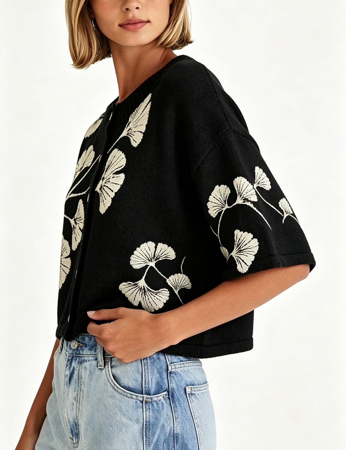 image:imageSpringrain Womens Floral Knit Cardigan 34 Sleeve Button Crew Neck SweaterBlack