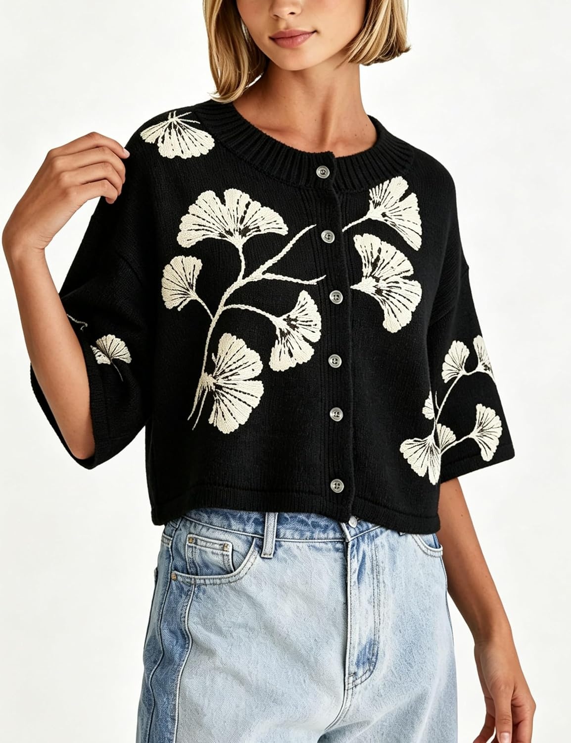 image:imageSpringrain Womens Floral Knit Cardigan 34 Sleeve Button Crew Neck SweaterBlack