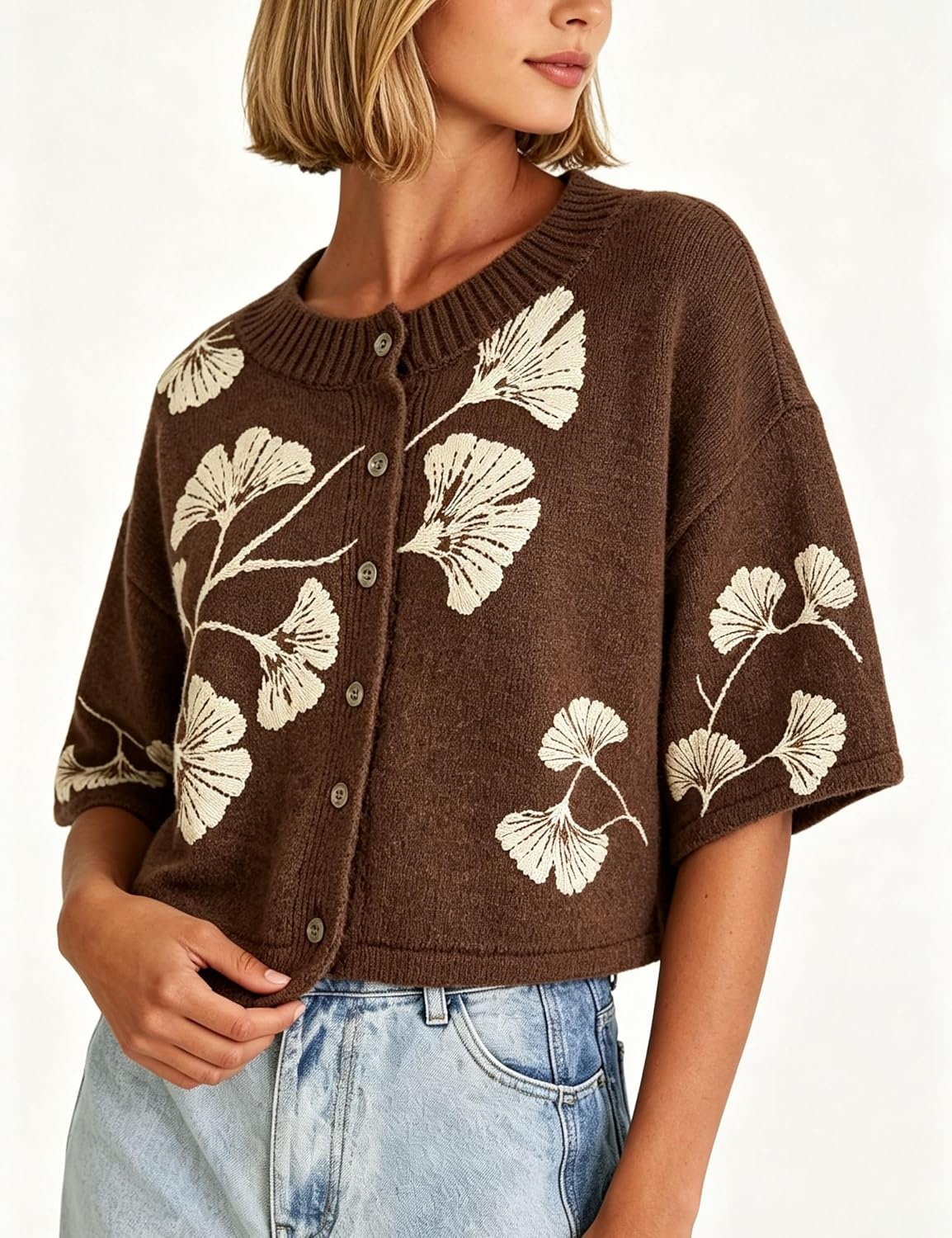 image:imageSpringrain Womens Floral Knit Cardigan 34 Sleeve Button Crew Neck SweaterBrown