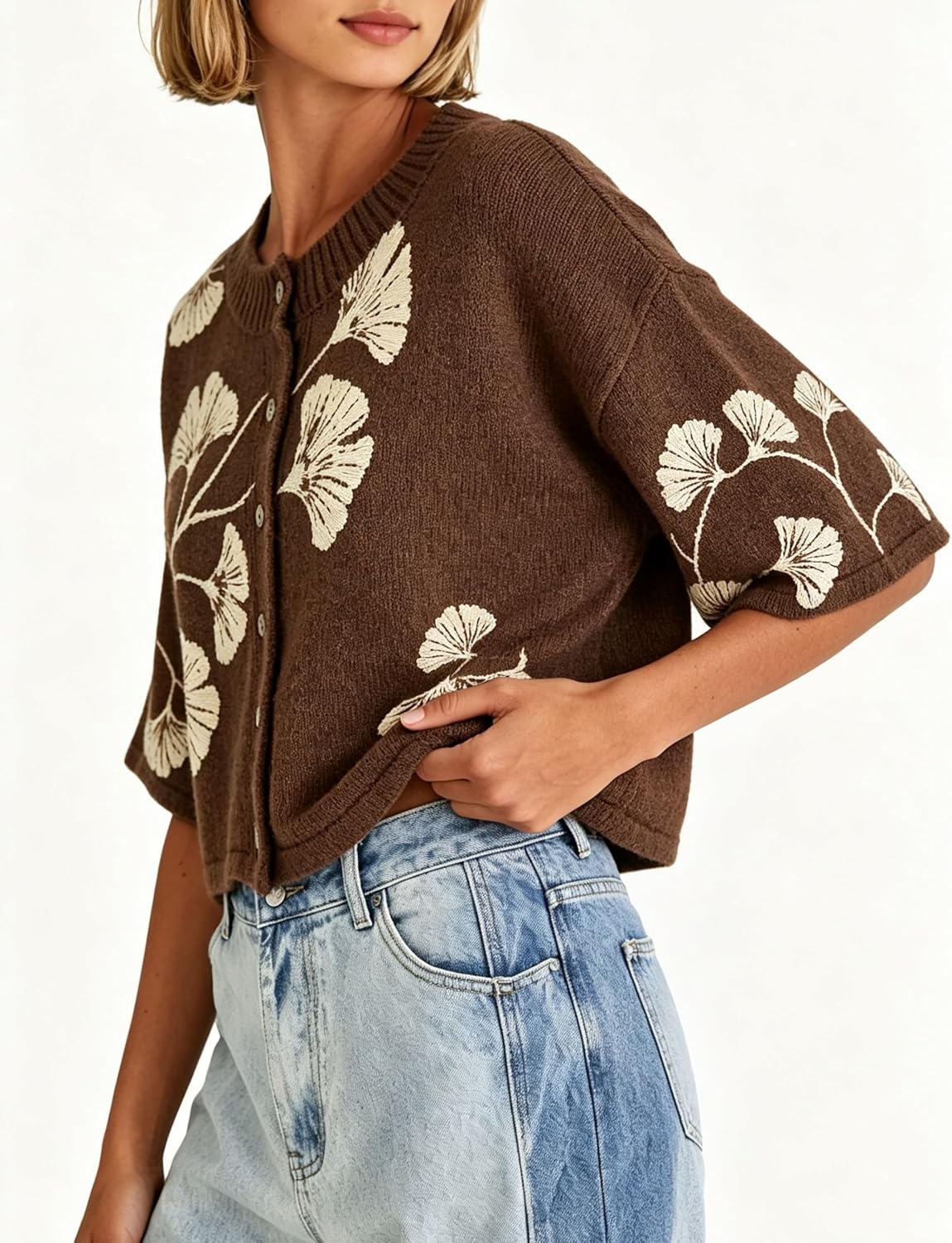 image:imageSpringrain Womens Floral Knit Cardigan 34 Sleeve Button Crew Neck SweaterBrown