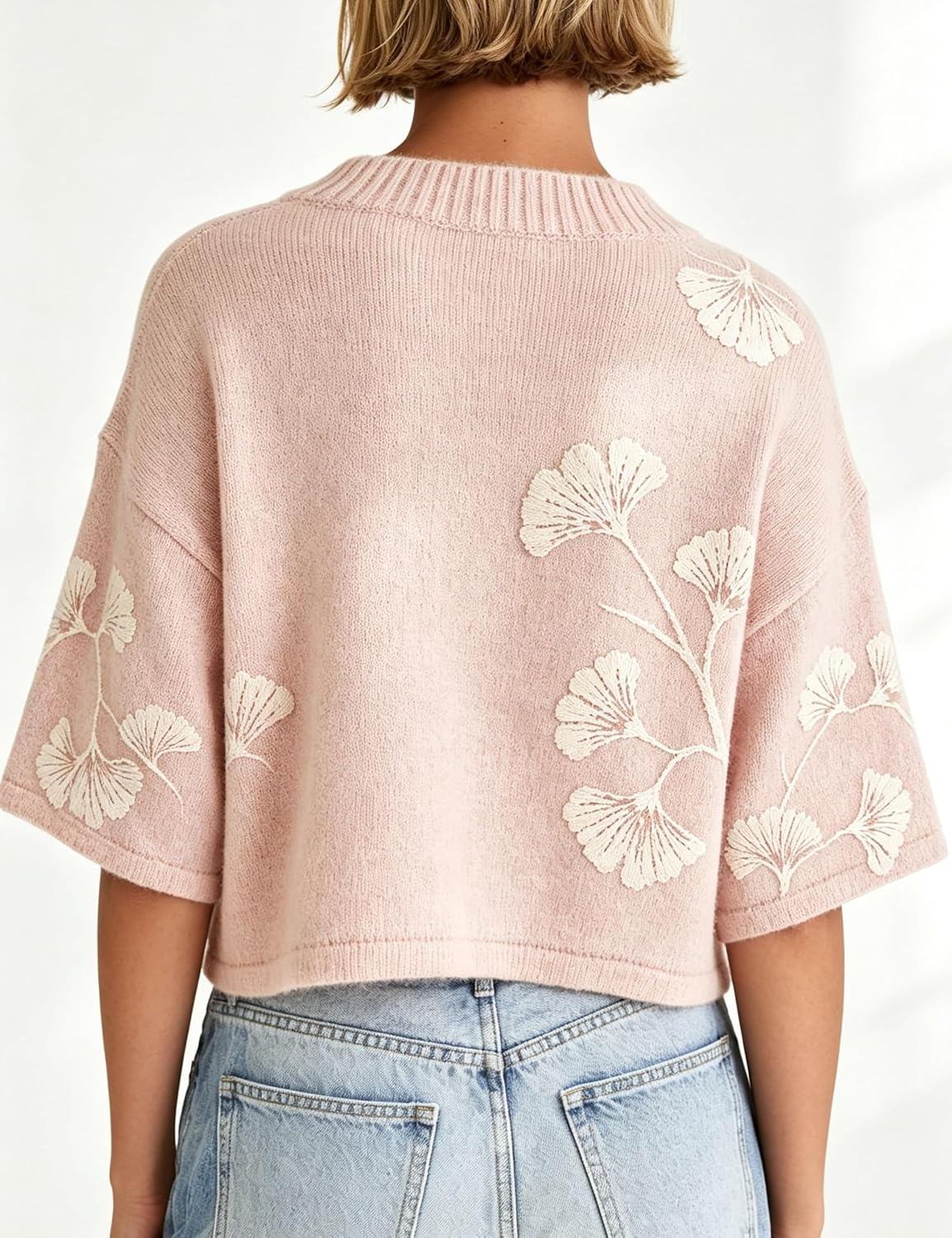 image:imageSpringrain Womens Floral Knit Cardigan 34 Sleeve Button Crew Neck SweaterPink