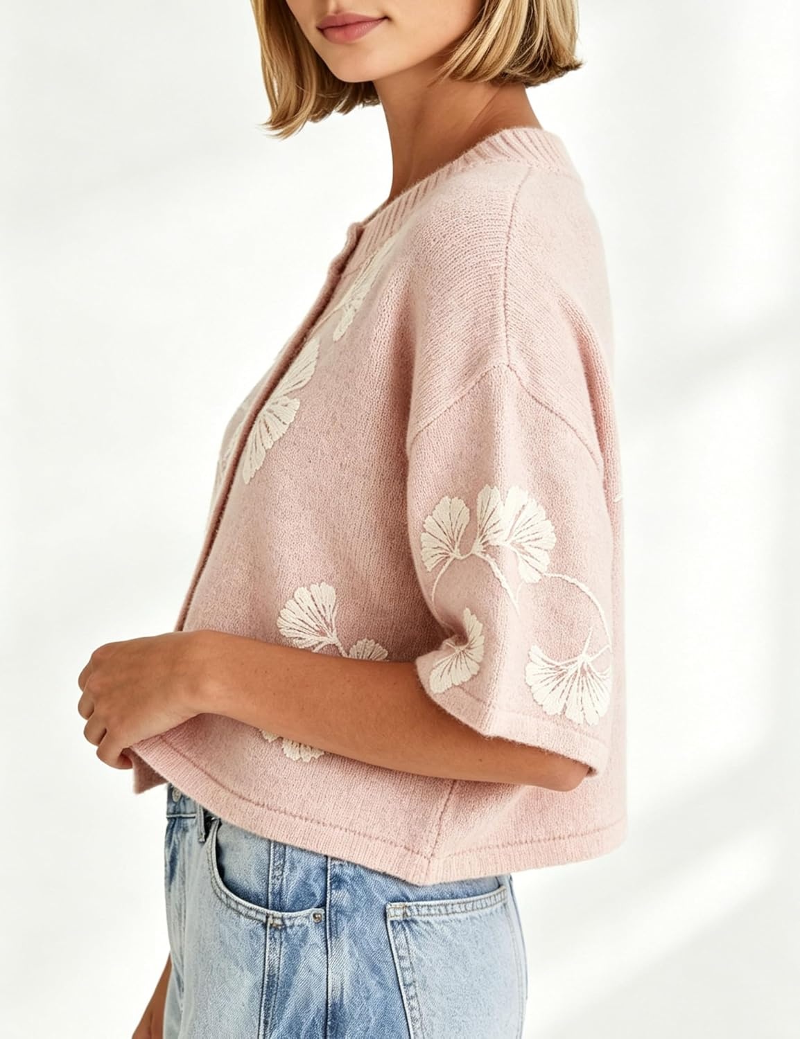 image:imageSpringrain Womens Floral Knit Cardigan 34 Sleeve Button Crew Neck SweaterPink