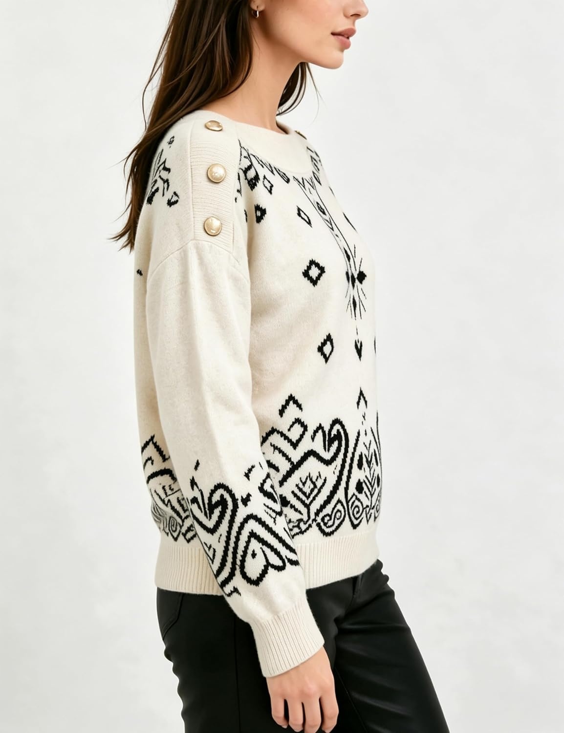 image:imageSpringrain Womens Geometric Jacquard Boat Neck Long Sleeve Knit SweaterBeige