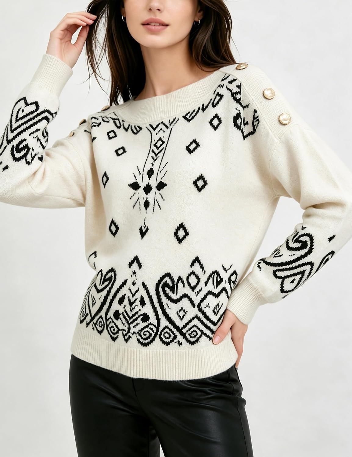 image:imageSpringrain Womens Geometric Jacquard Boat Neck Long Sleeve Knit SweaterBeige