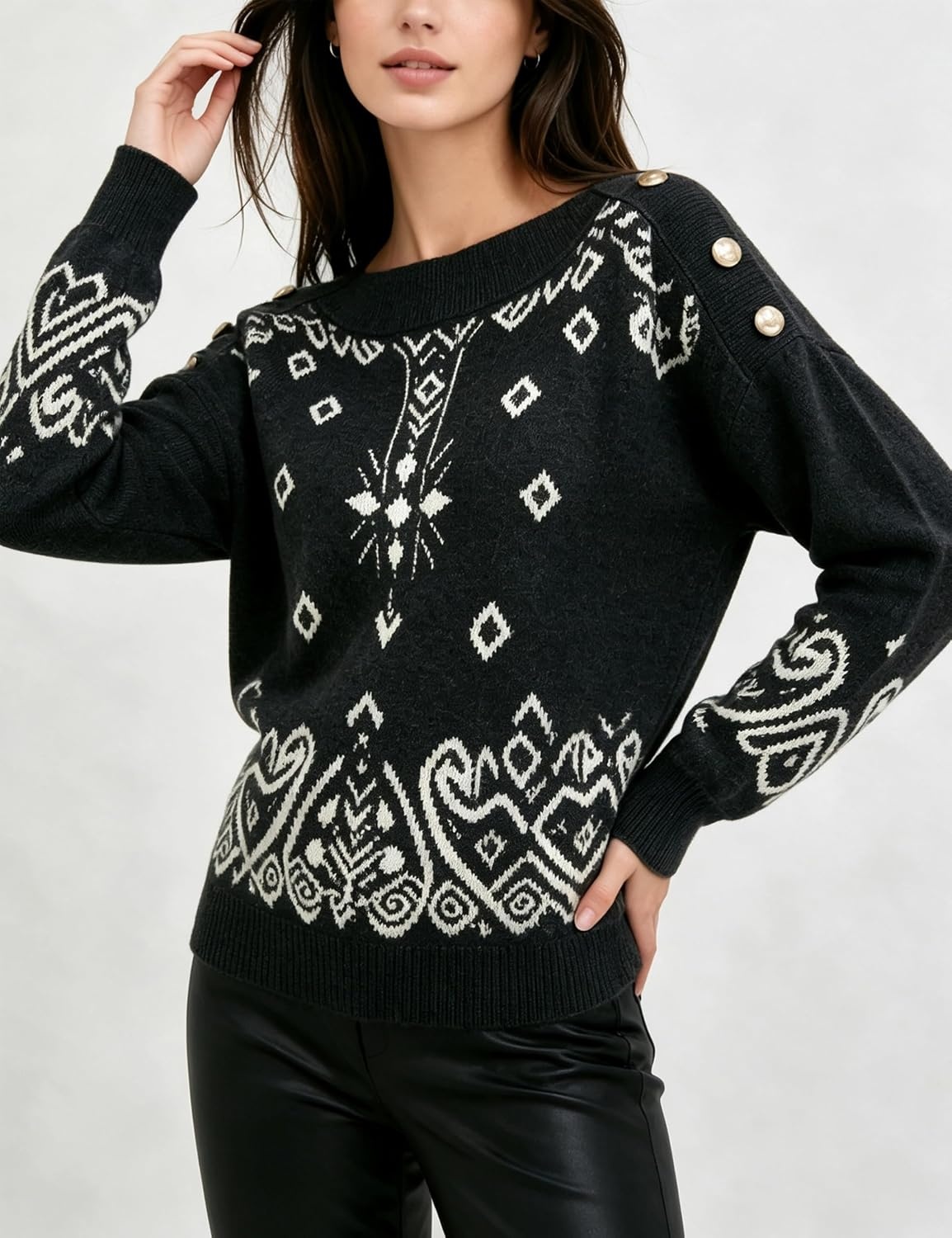 image:imageSpringrain Womens Geometric Jacquard Boat Neck Long Sleeve Knit SweaterBlack