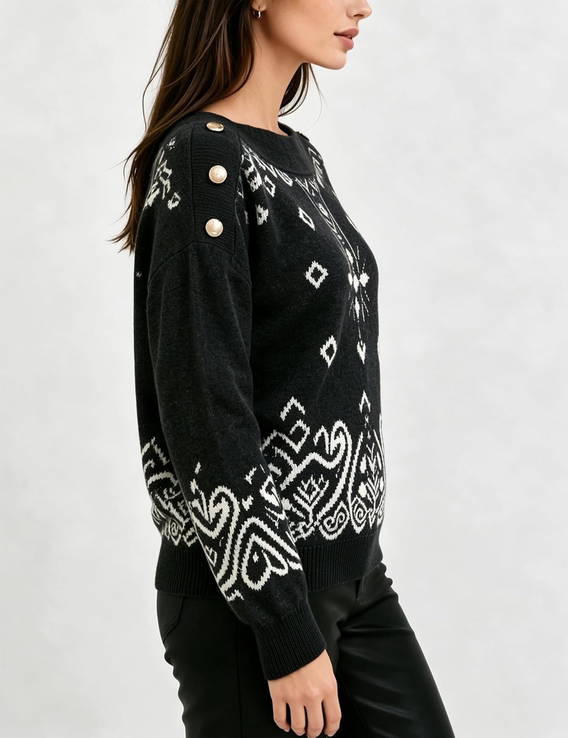 image:imageSpringrain Womens Geometric Jacquard Boat Neck Long Sleeve Knit SweaterBlack