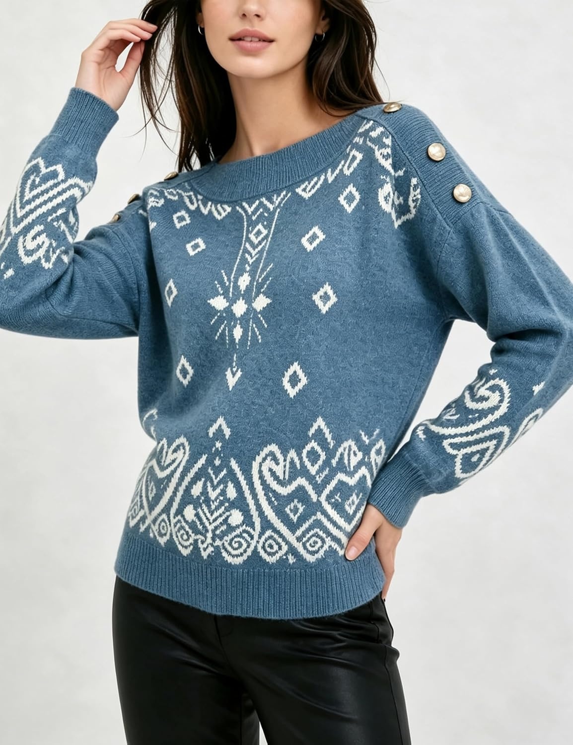 image:imageSpringrain Womens Geometric Jacquard Boat Neck Long Sleeve Knit SweaterBluegrey
