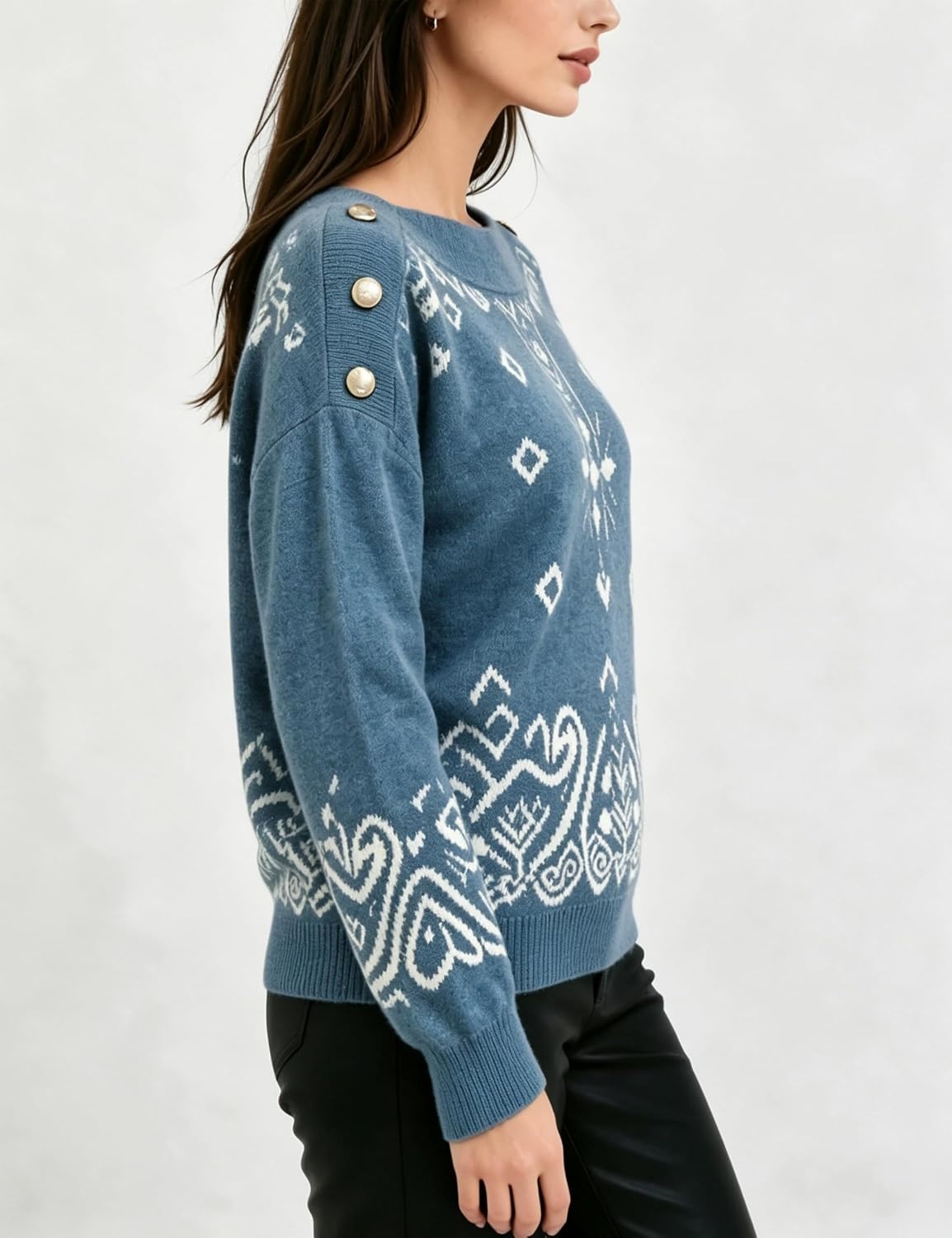 image:imageSpringrain Womens Geometric Jacquard Boat Neck Long Sleeve Knit SweaterBluegrey