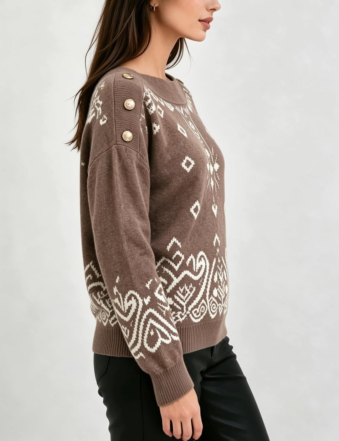 image:imageSpringrain Womens Geometric Jacquard Boat Neck Long Sleeve Knit SweaterCoffee