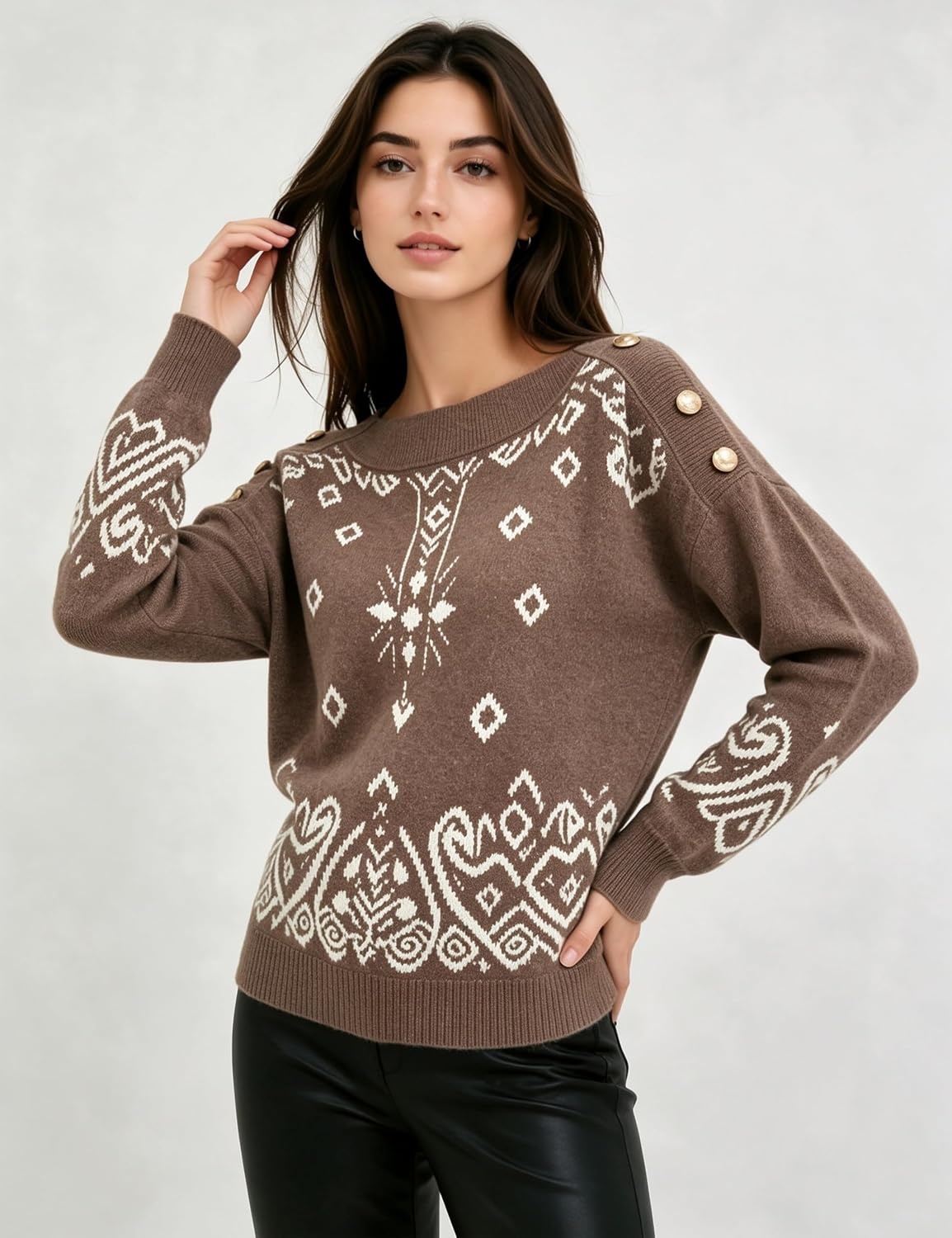 image:imageSpringrain Womens Geometric Jacquard Boat Neck Long Sleeve Knit SweaterCoffee