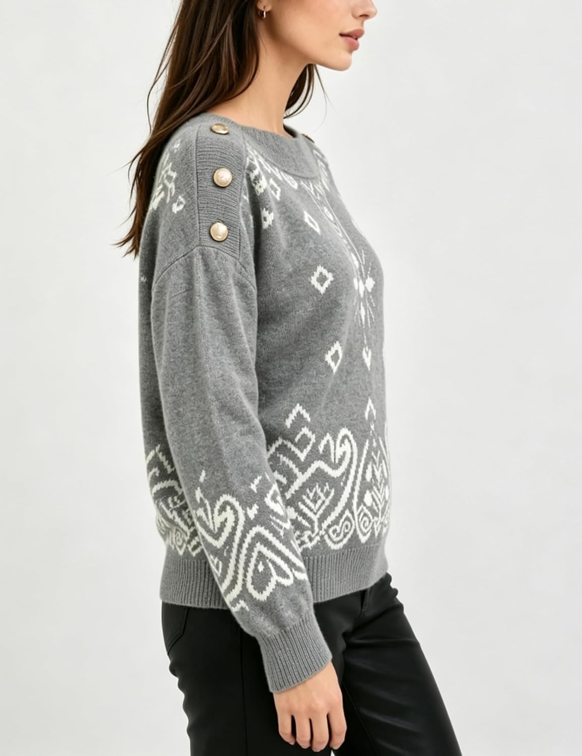 image:imageSpringrain Womens Geometric Jacquard Boat Neck Long Sleeve Knit SweaterGrey