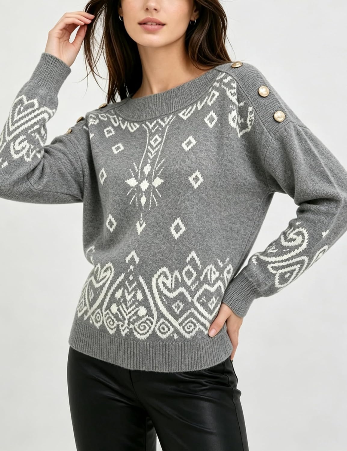 image:imageSpringrain Womens Geometric Jacquard Boat Neck Long Sleeve Knit SweaterGrey