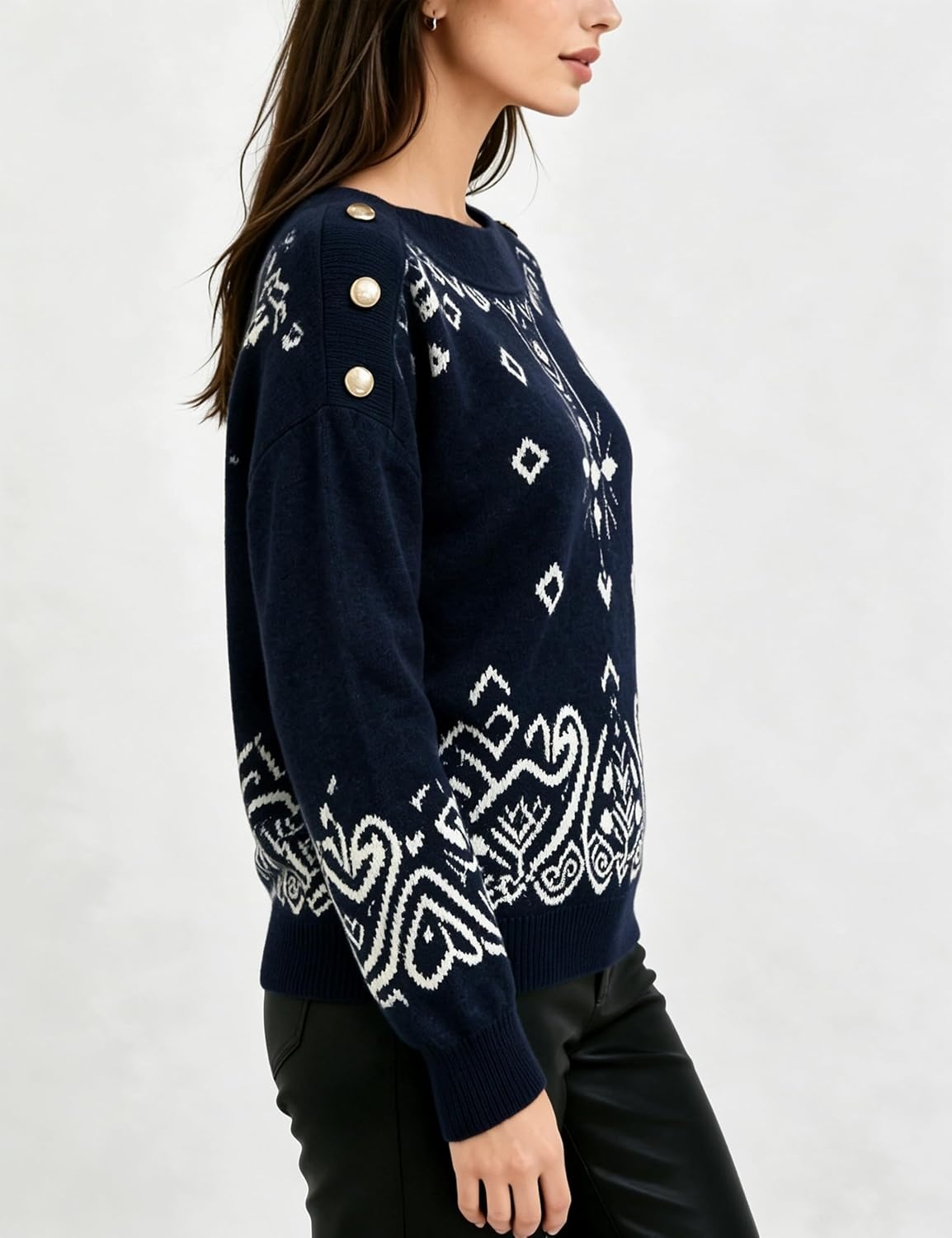 image:imageSpringrain Womens Geometric Jacquard Boat Neck Long Sleeve Knit SweaterNavy
