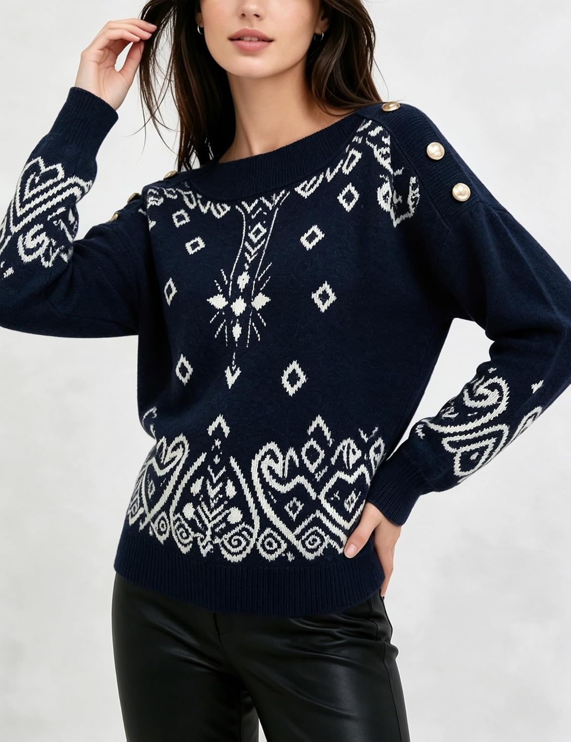 image:imageSpringrain Womens Geometric Jacquard Boat Neck Long Sleeve Knit SweaterNavy