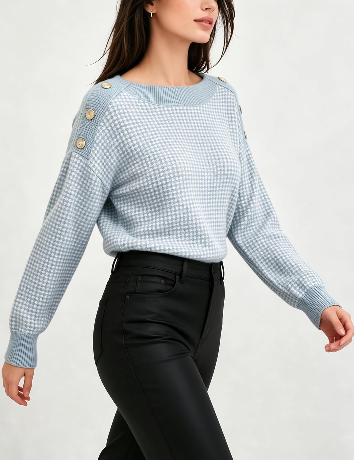 image:imageSpringrain Womens Knit Sweaters Boat Neck Tiny Check Pullover Fall TopBlue