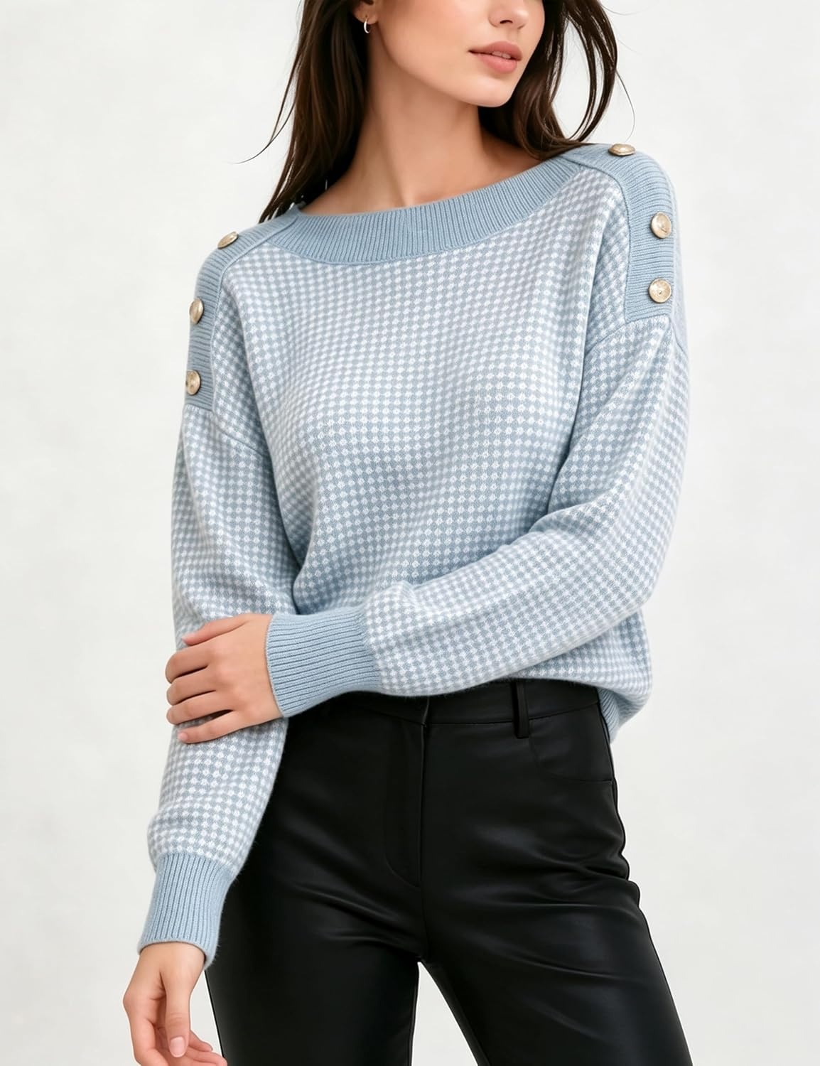 image:imageSpringrain Womens Knit Sweaters Boat Neck Tiny Check Pullover Fall TopBlue