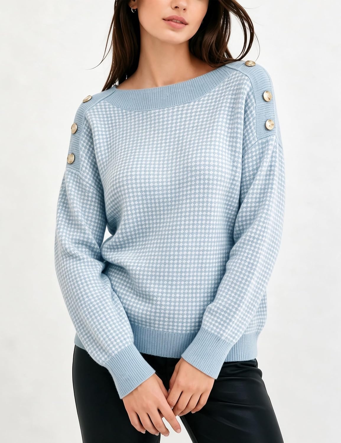 image:imageSpringrain Womens Knit Sweaters Boat Neck Tiny Check Pullover Fall TopBlue