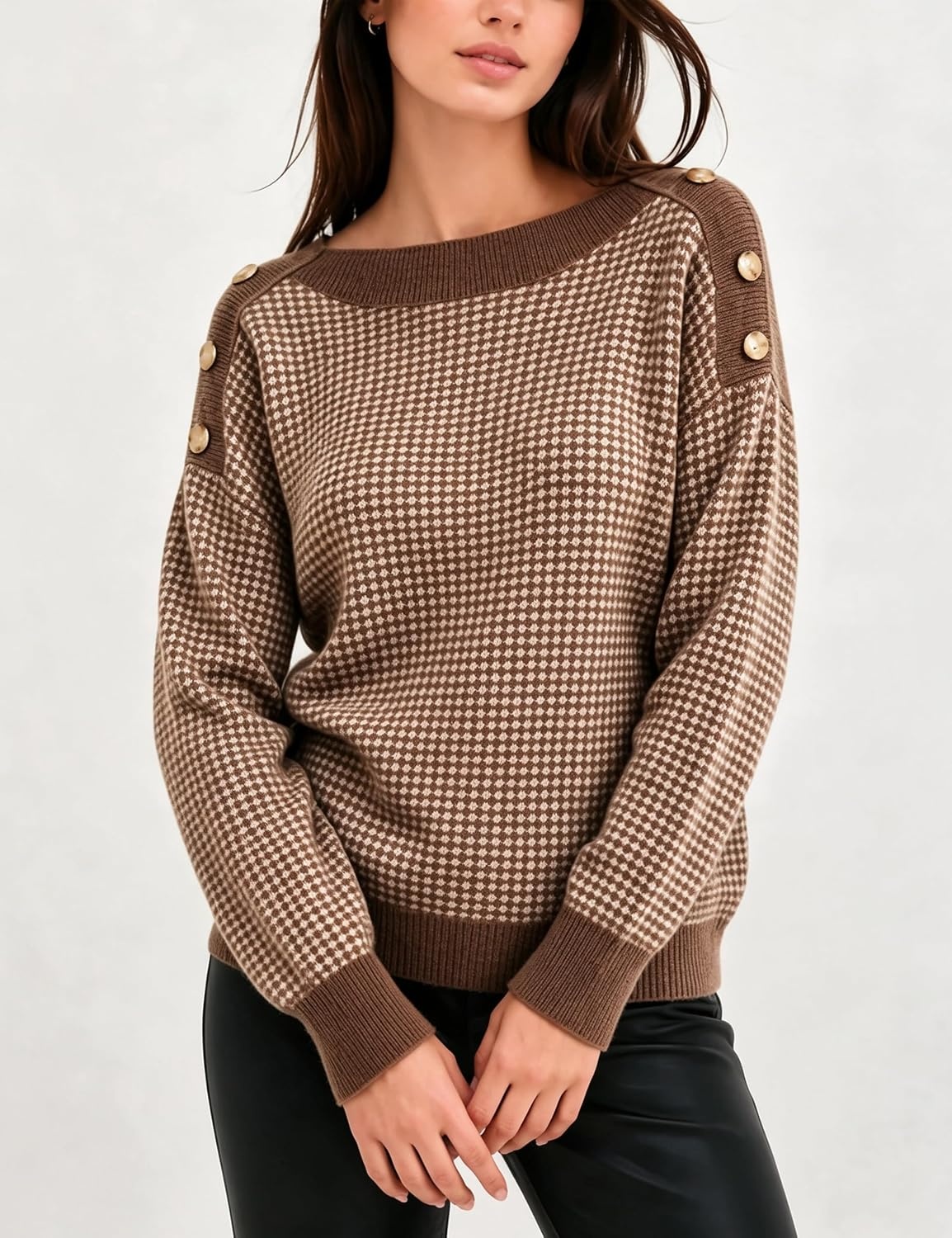 image:imageSpringrain Womens Knit Sweaters Boat Neck Tiny Check Pullover Fall TopCoffee