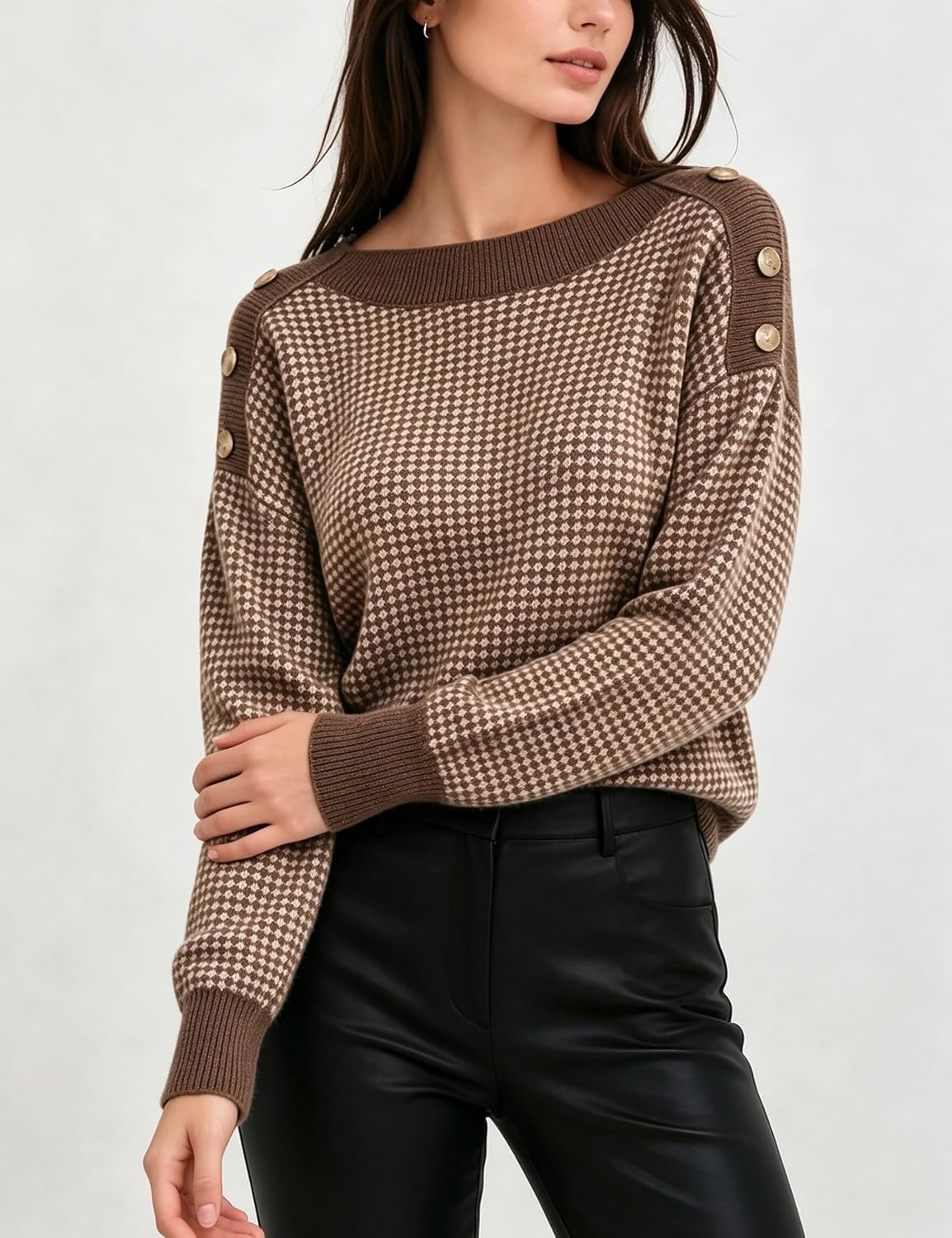 image:imageSpringrain Womens Knit Sweaters Boat Neck Tiny Check Pullover Fall TopCoffee