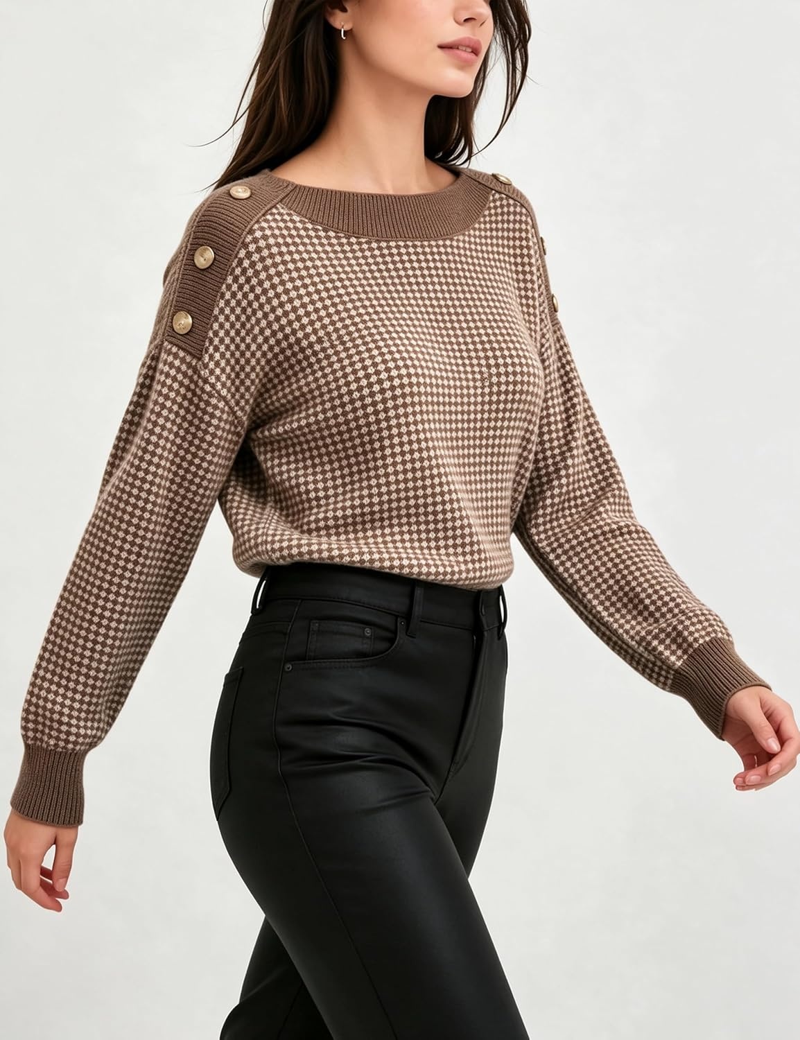 image:imageSpringrain Womens Knit Sweaters Boat Neck Tiny Check Pullover Fall TopCoffee