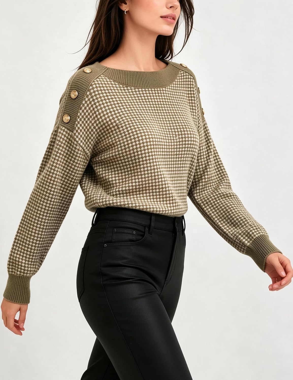image:imageSpringrain Womens Knit Sweaters Boat Neck Tiny Check Pullover Fall TopGreen