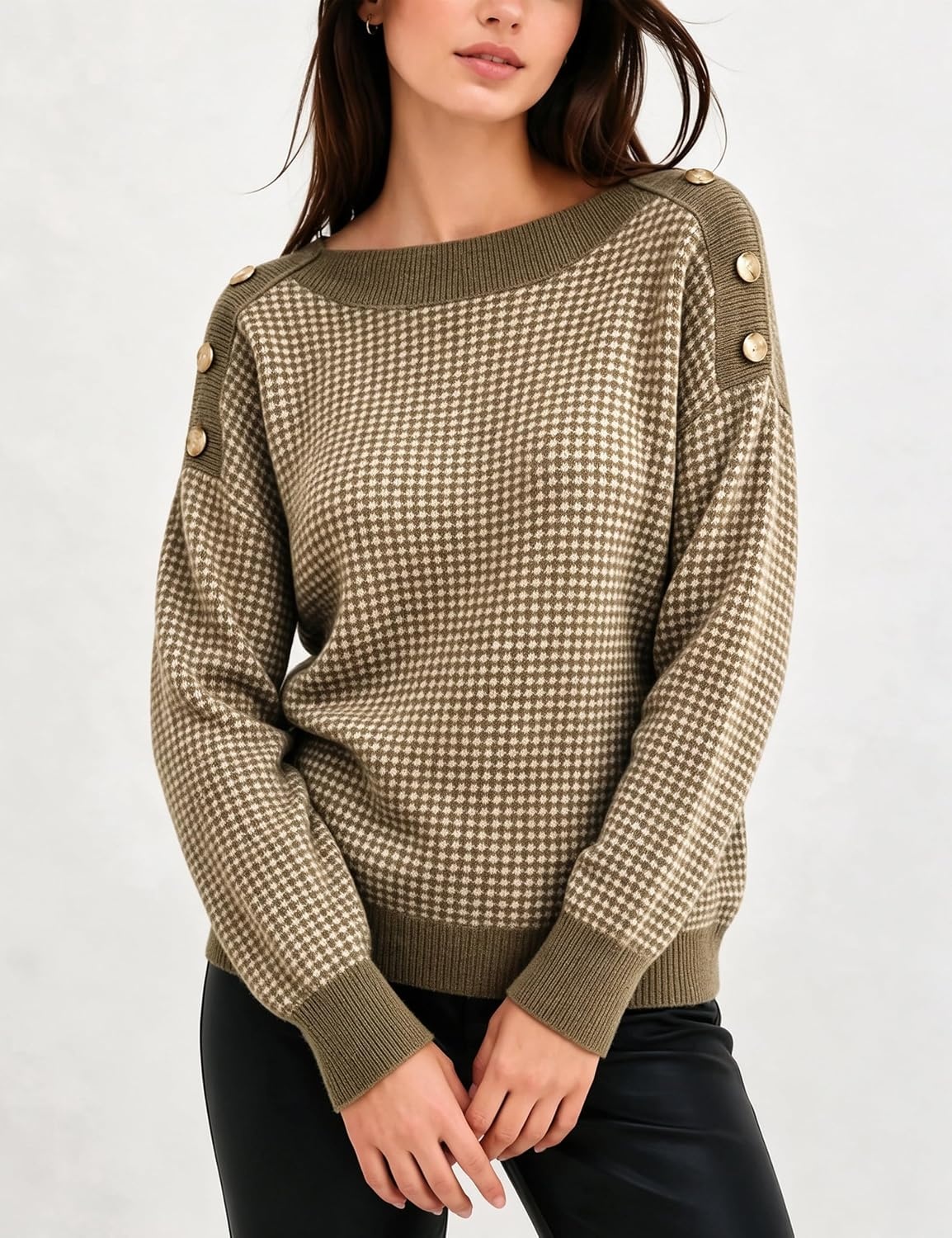 image:imageSpringrain Womens Knit Sweaters Boat Neck Tiny Check Pullover Fall TopGreen
