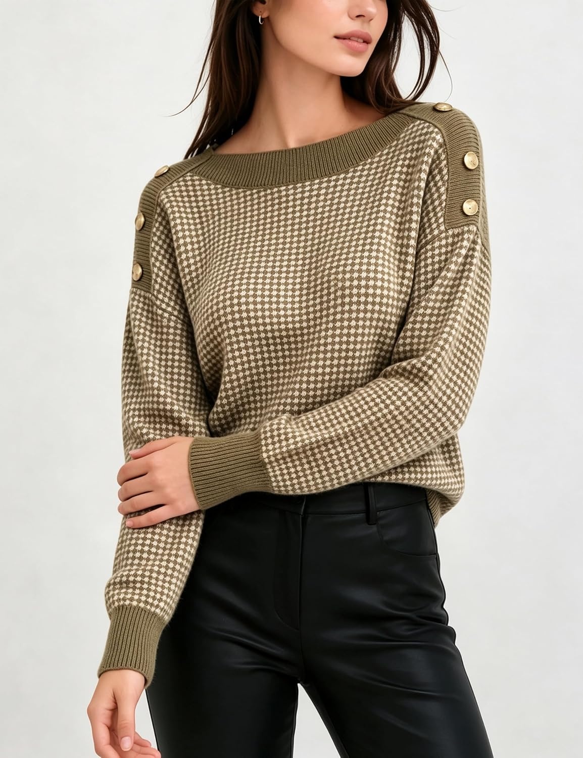 image:imageSpringrain Womens Knit Sweaters Boat Neck Tiny Check Pullover Fall TopGreen