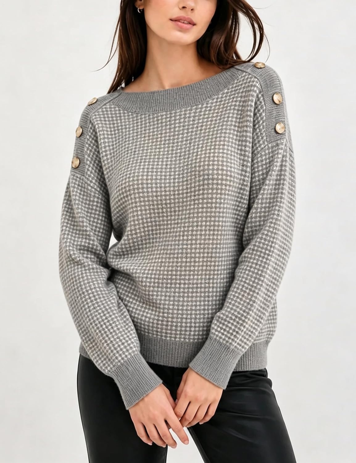 image:imageSpringrain Womens Knit Sweaters Boat Neck Tiny Check Pullover Fall TopGrey